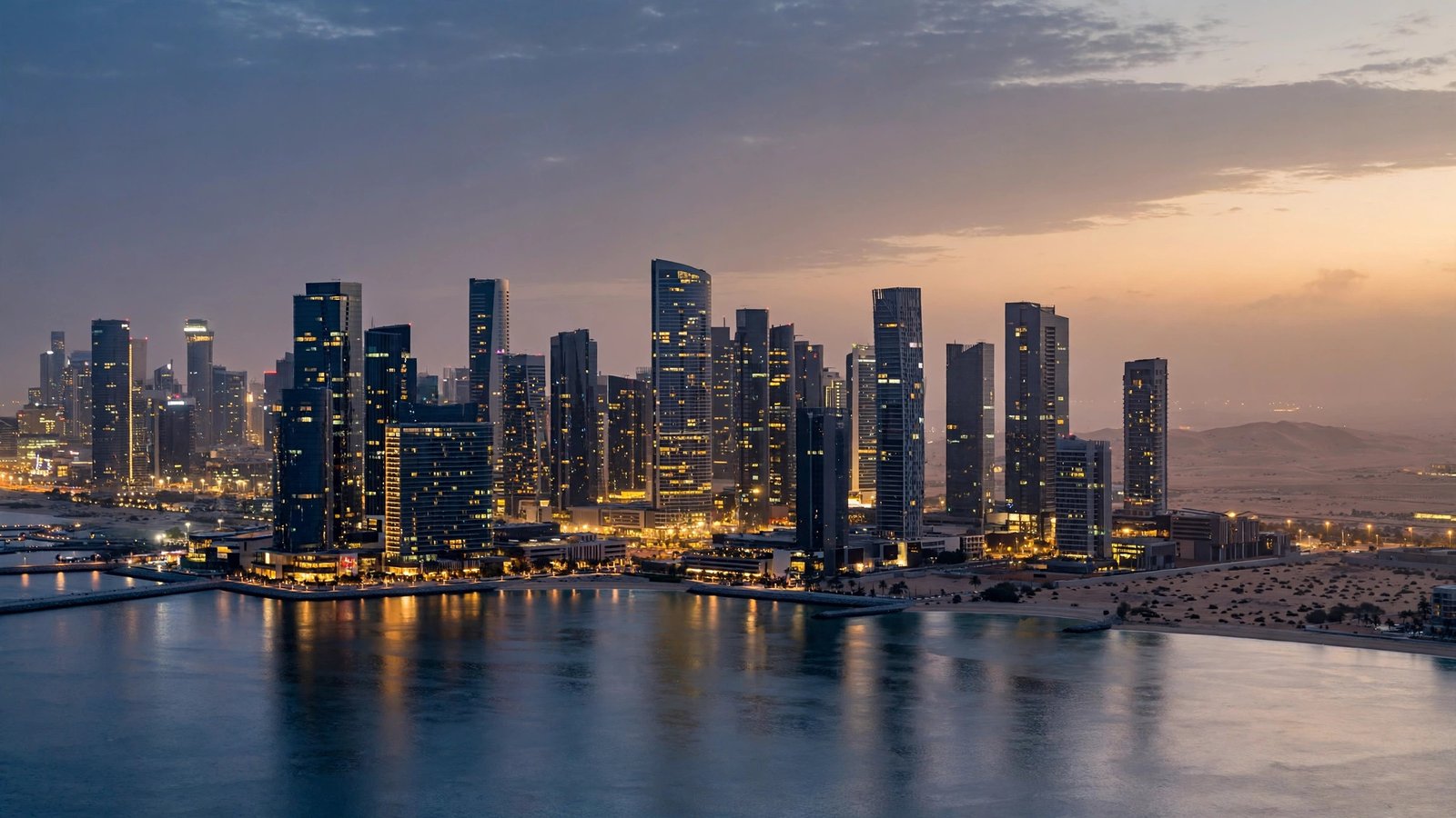 Modern Gulf city skyline at dusk with illuminated skyscrapers along the waterfront
