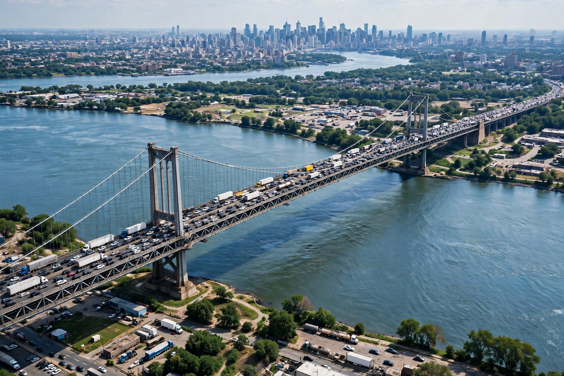 Aerial view of a suspension bridge carrying dense rush-hour traffic across a wide river toward a city skyline