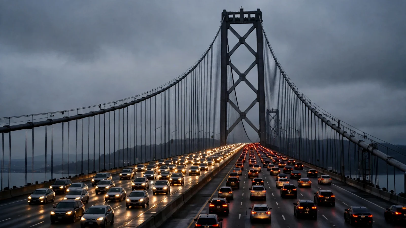 Commuter traffic with headlights on crossing a large suspension bridge at dusk