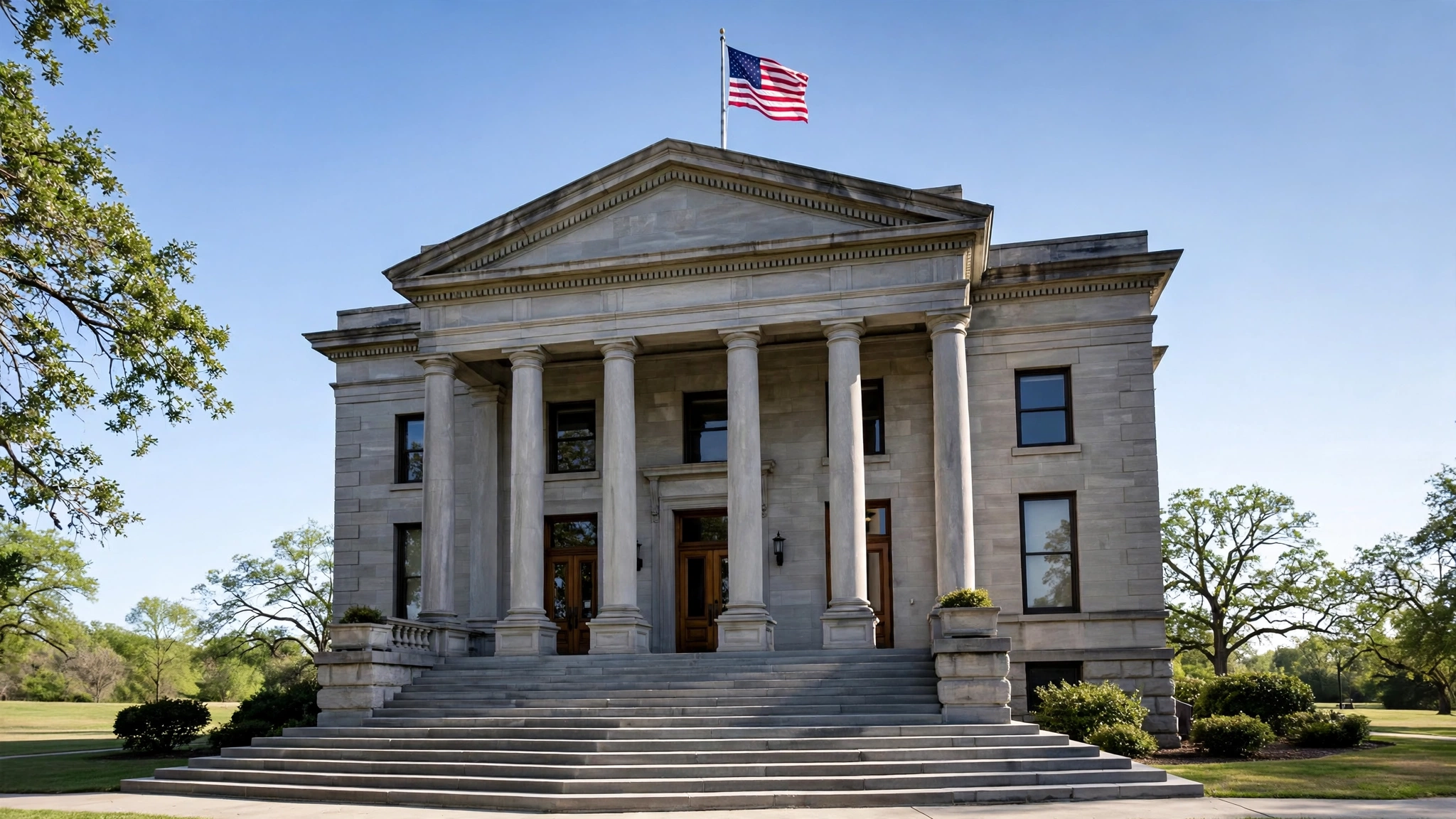 Stone courthouse building with tall columns, wide steps and an American flag flying overhead