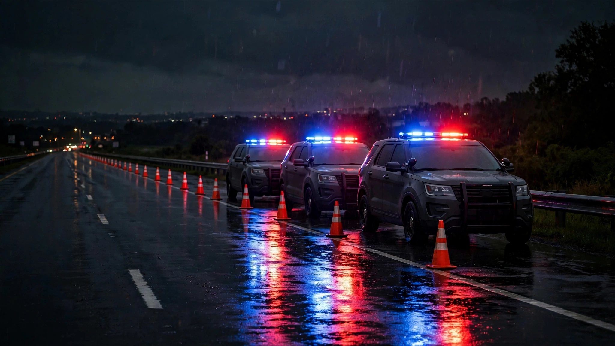Police patrol cars with flashing red and blue lights parked on a highway at night with traffic cones