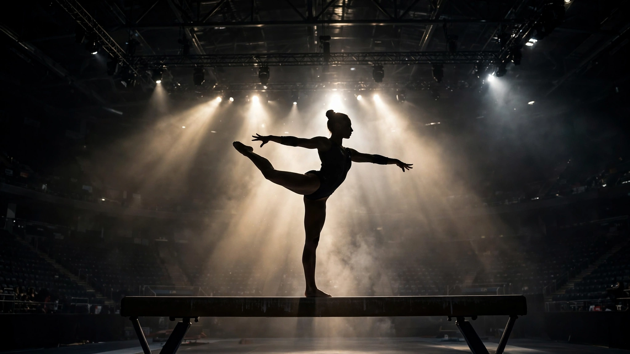 A gymnast's silhouette holding a pose on a balance beam under arena spotlights.