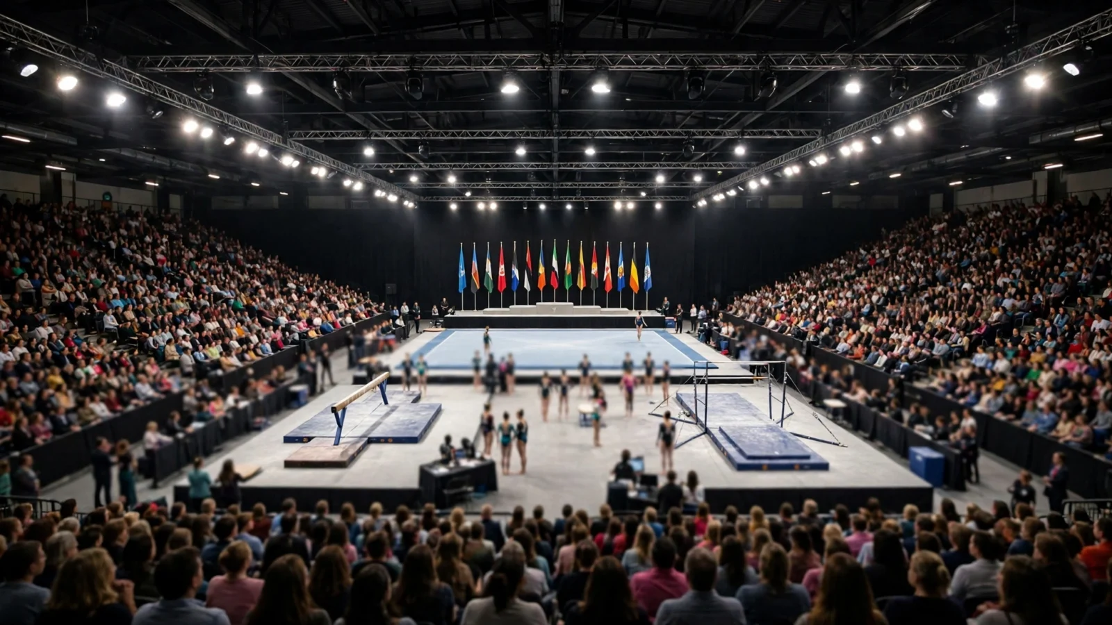 Wide view of a gymnastics championship arena with spectators and apparatus on the competition floor.