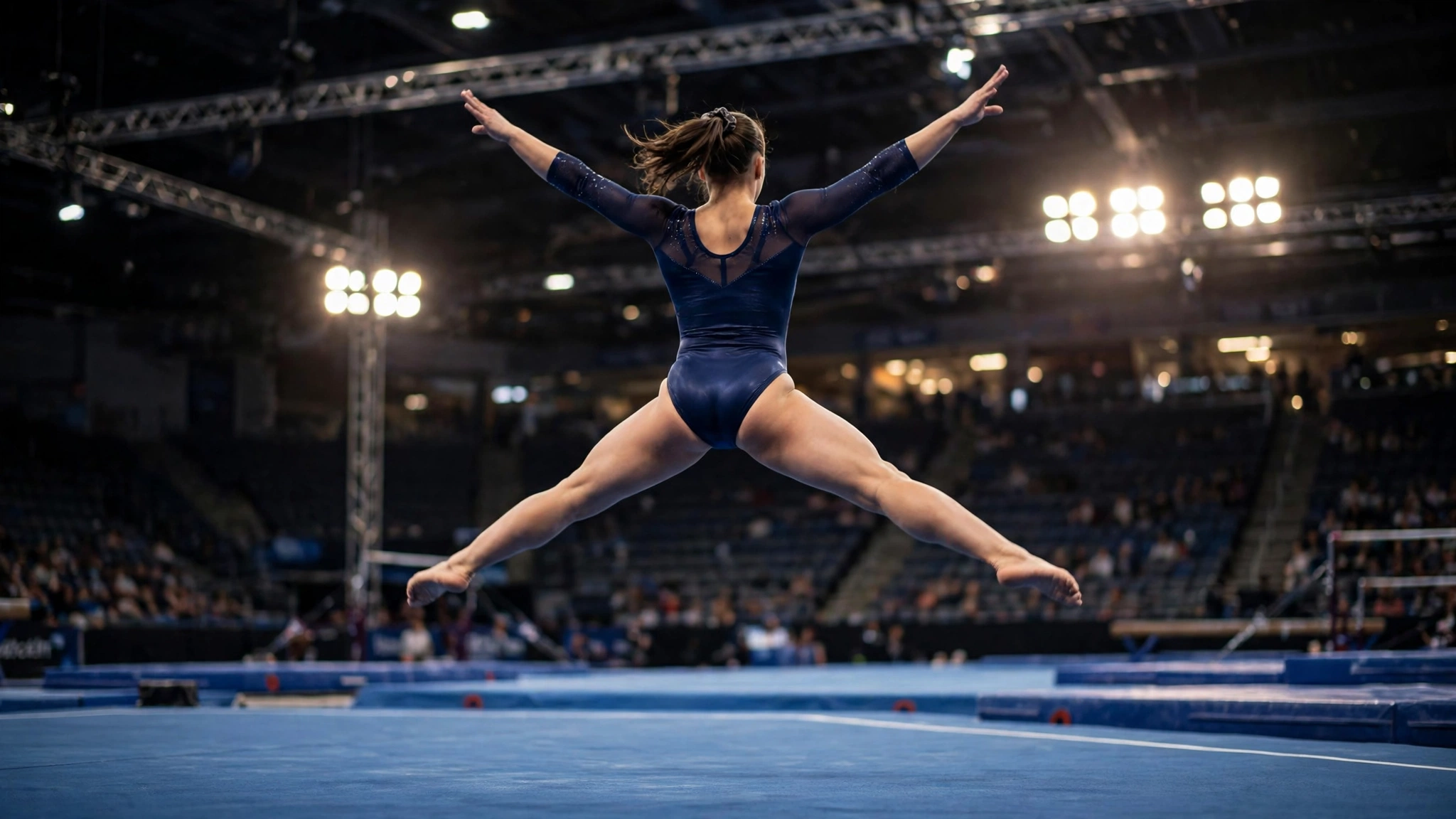 A gymnast seen from behind mid-leap on the floor exercise in a dark arena.