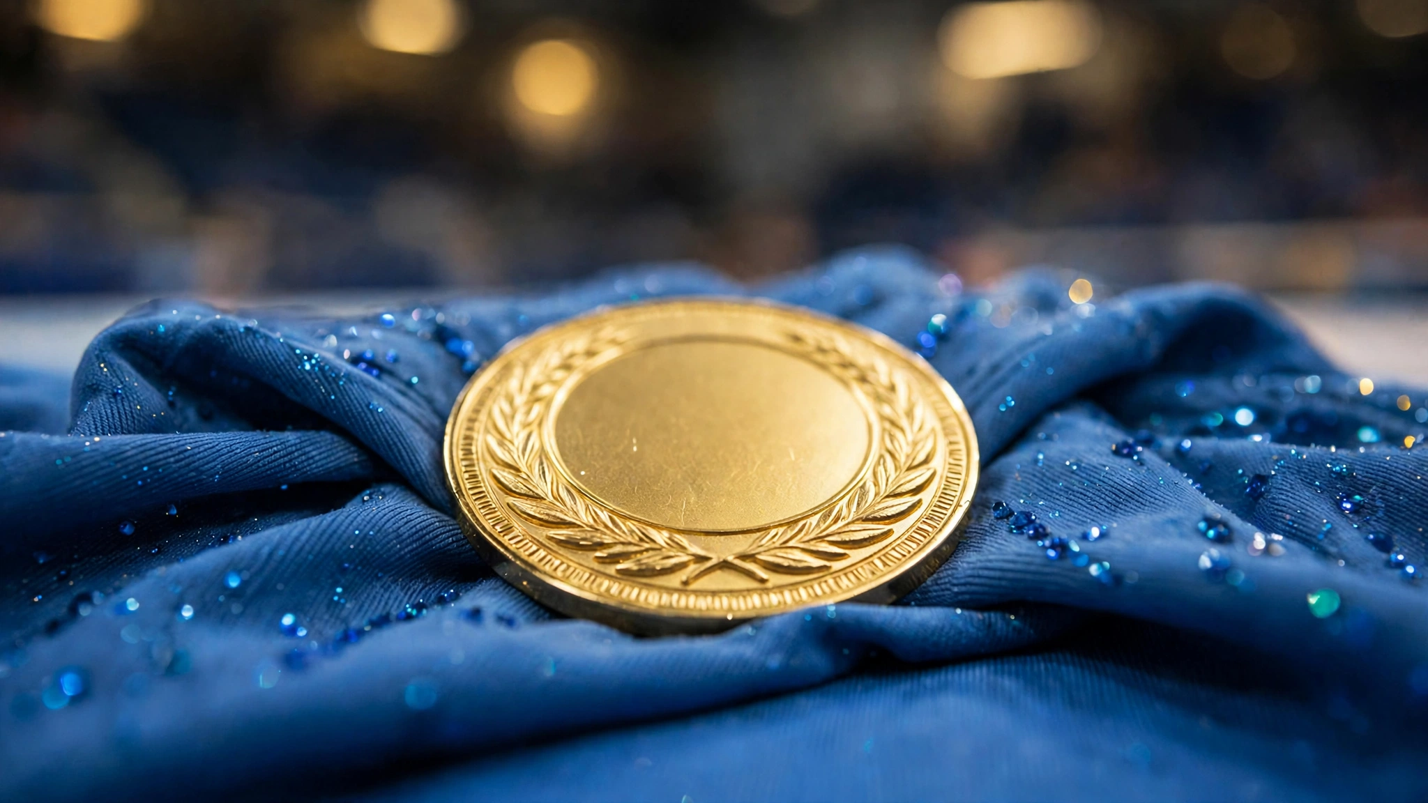 A gold medal resting on sparkling blue leotard fabric.
