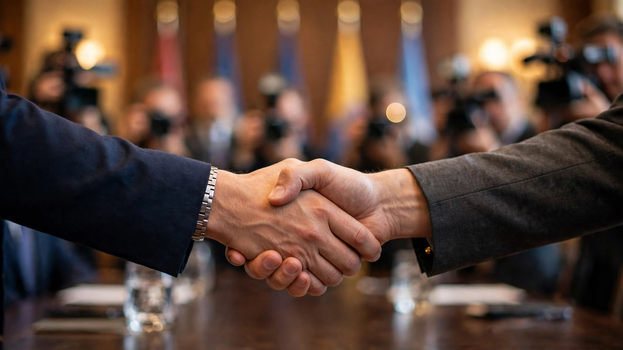 Two people shaking hands across a conference table, photographed from the arms so their faces are not visible, with blurred press cameras behind.
