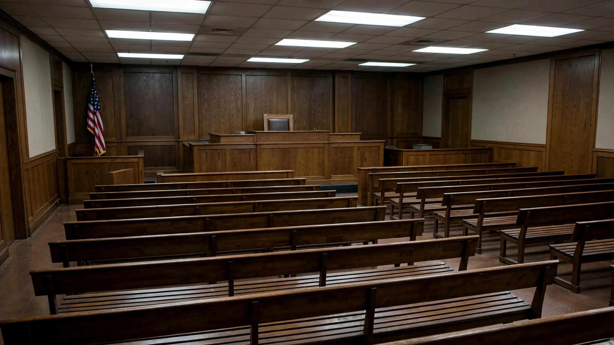 An empty military courtroom with a wooden judge's bench, rows of benches, and an American flag in the corner.