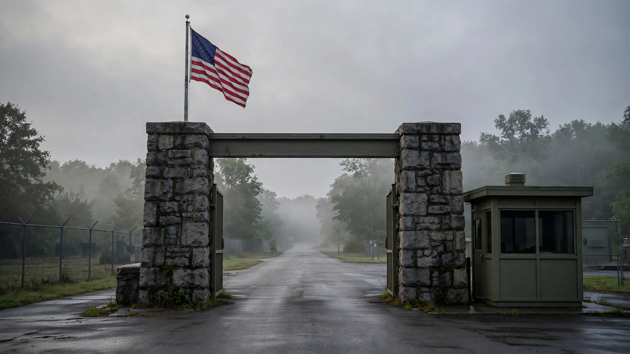 The stone entrance gate of a U.S. military base with an American flag on a foggy morning, empty road and guard booth.