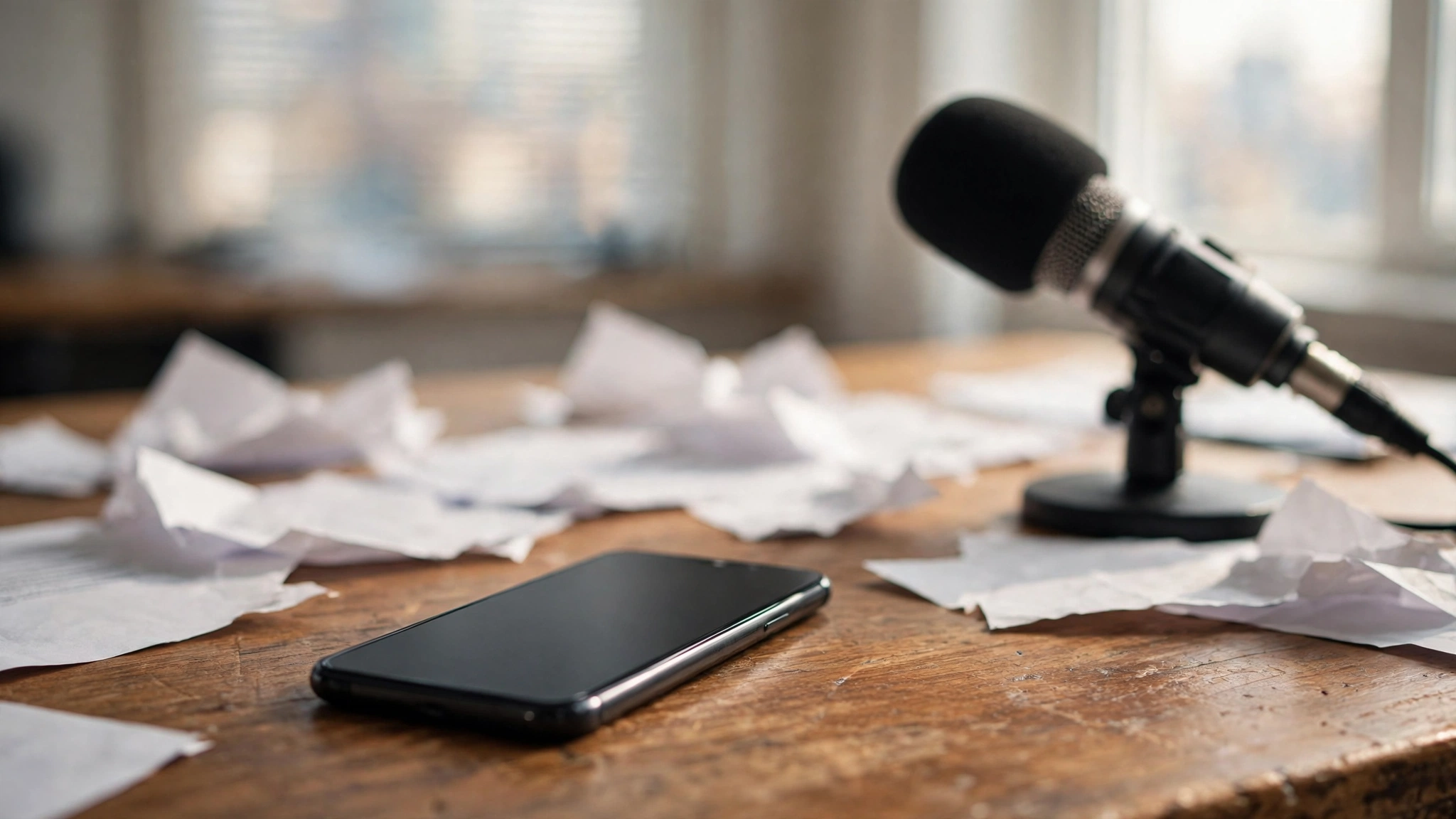 A smartphone with a dark blank screen lying on a wooden newsroom desk beside a microphone and scattered papers.