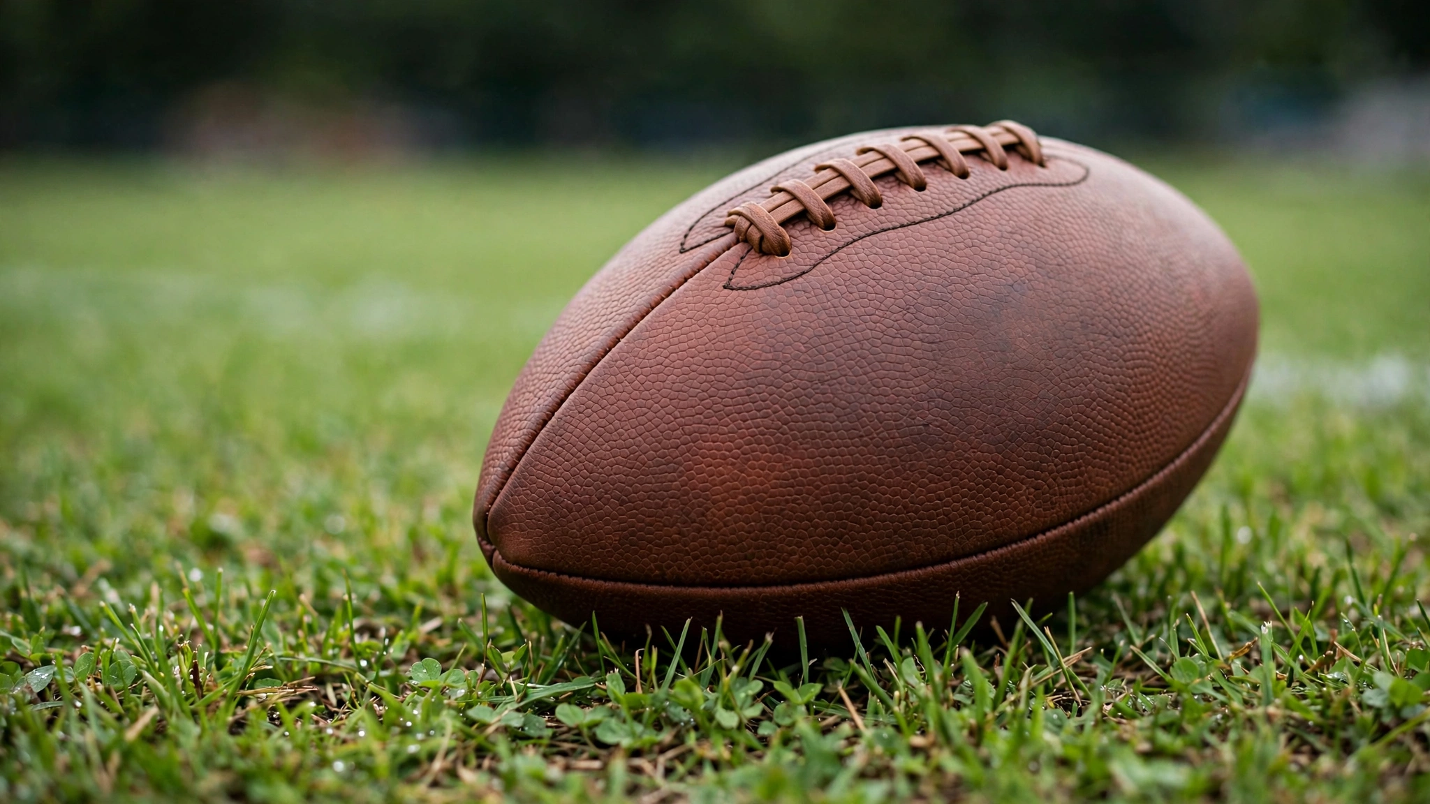 A leather American football resting on green grass