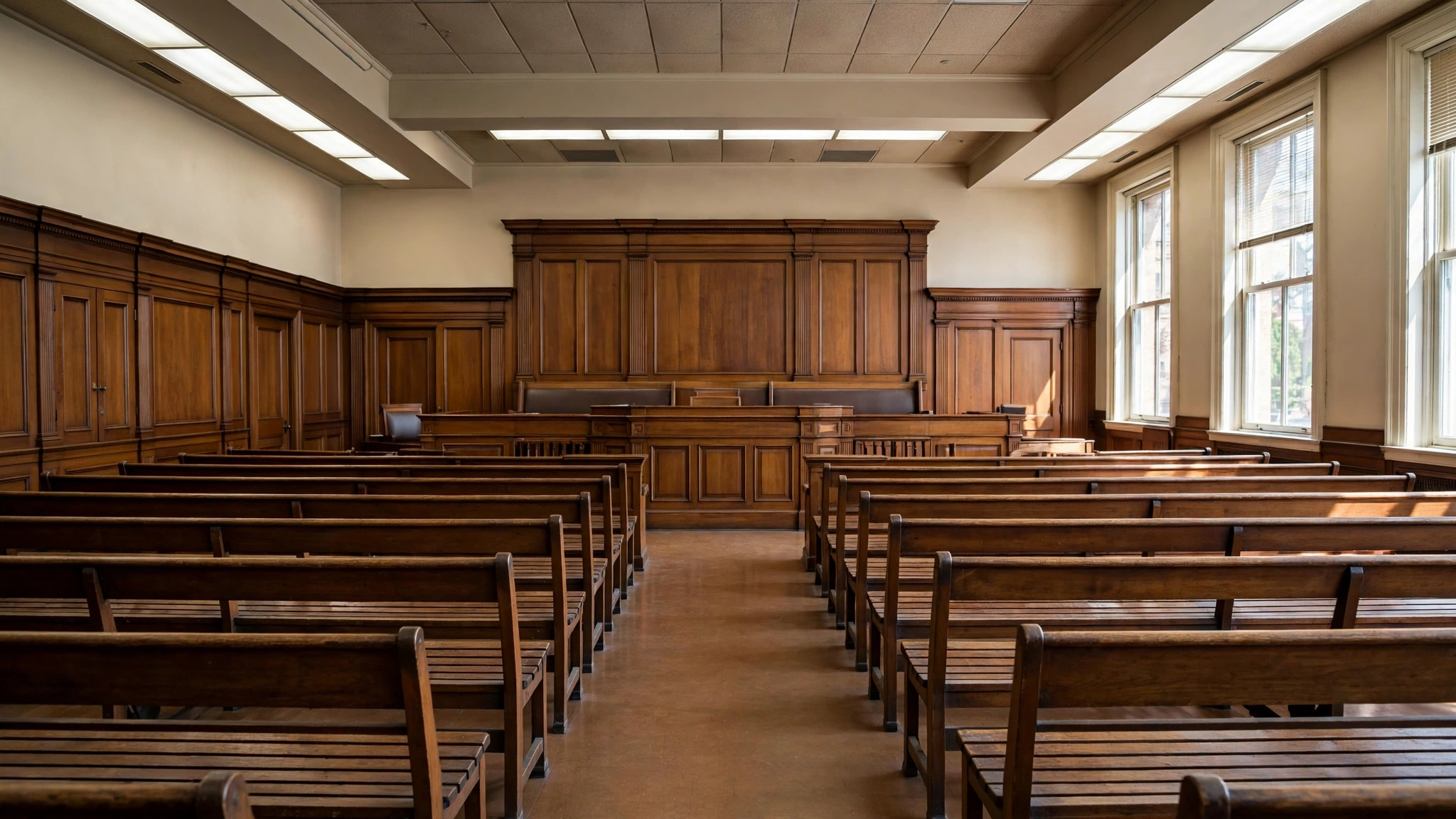 An empty courtroom interior with wooden benches and a judge's bench