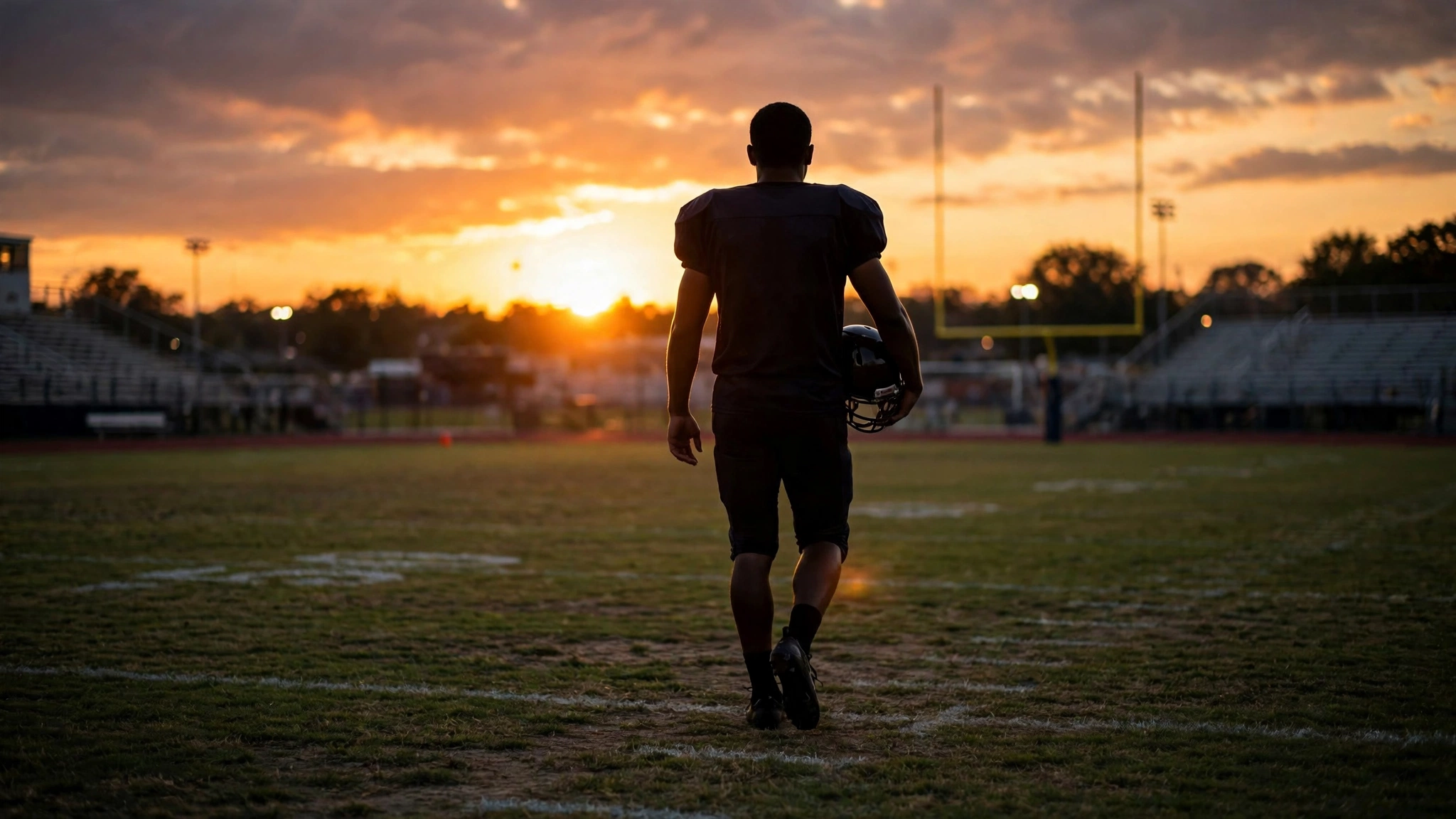 A football player in a plain jersey seen from behind walking on a field at sunset