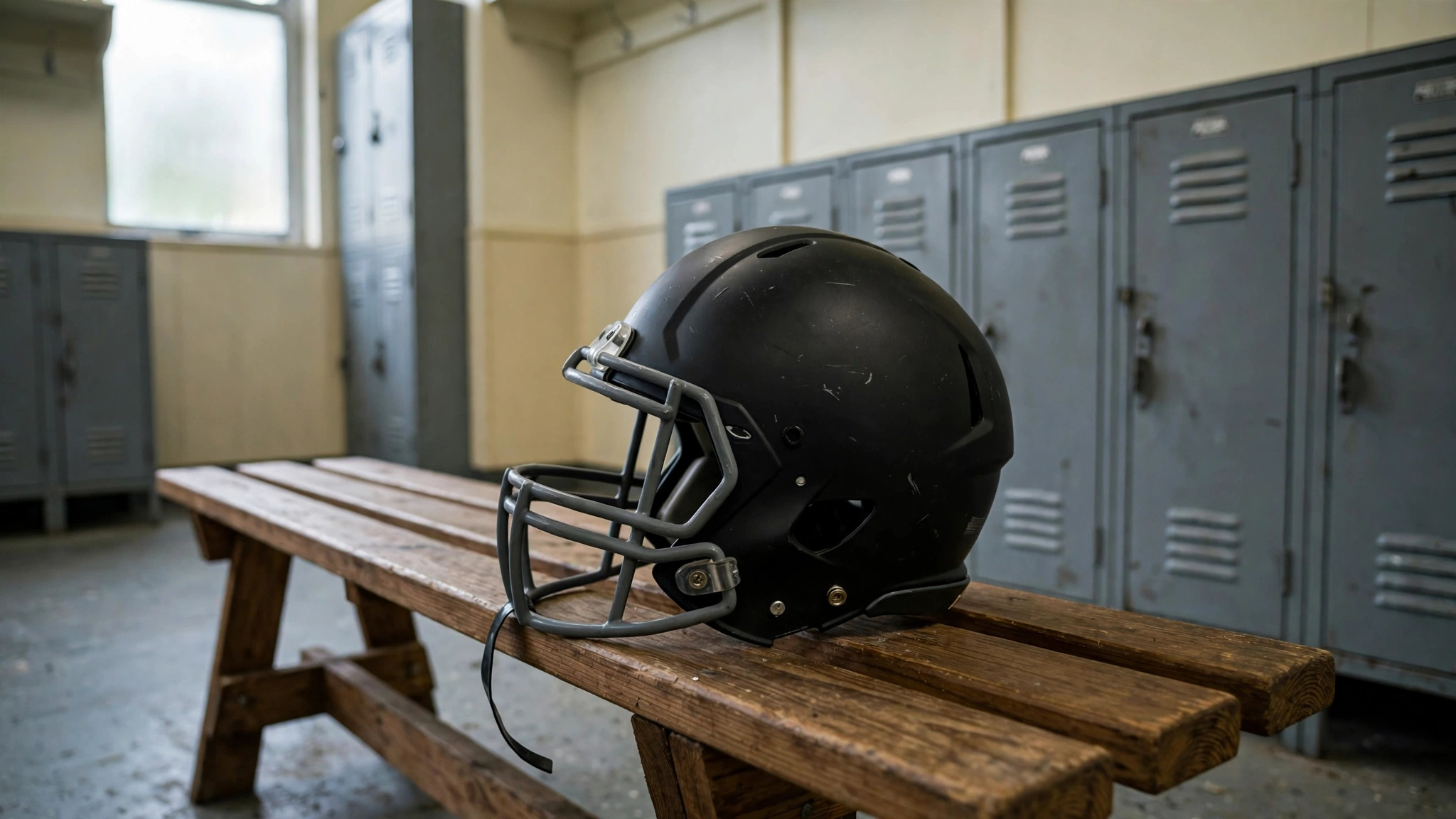 A football helmet resting on a wooden bench in an empty locker room