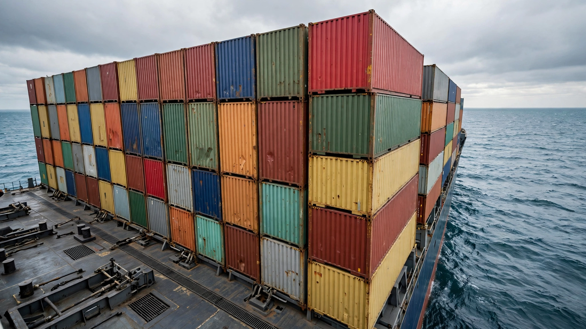 Colorful shipping containers stacked on the deck of a cargo ship at sea under an overcast sky.