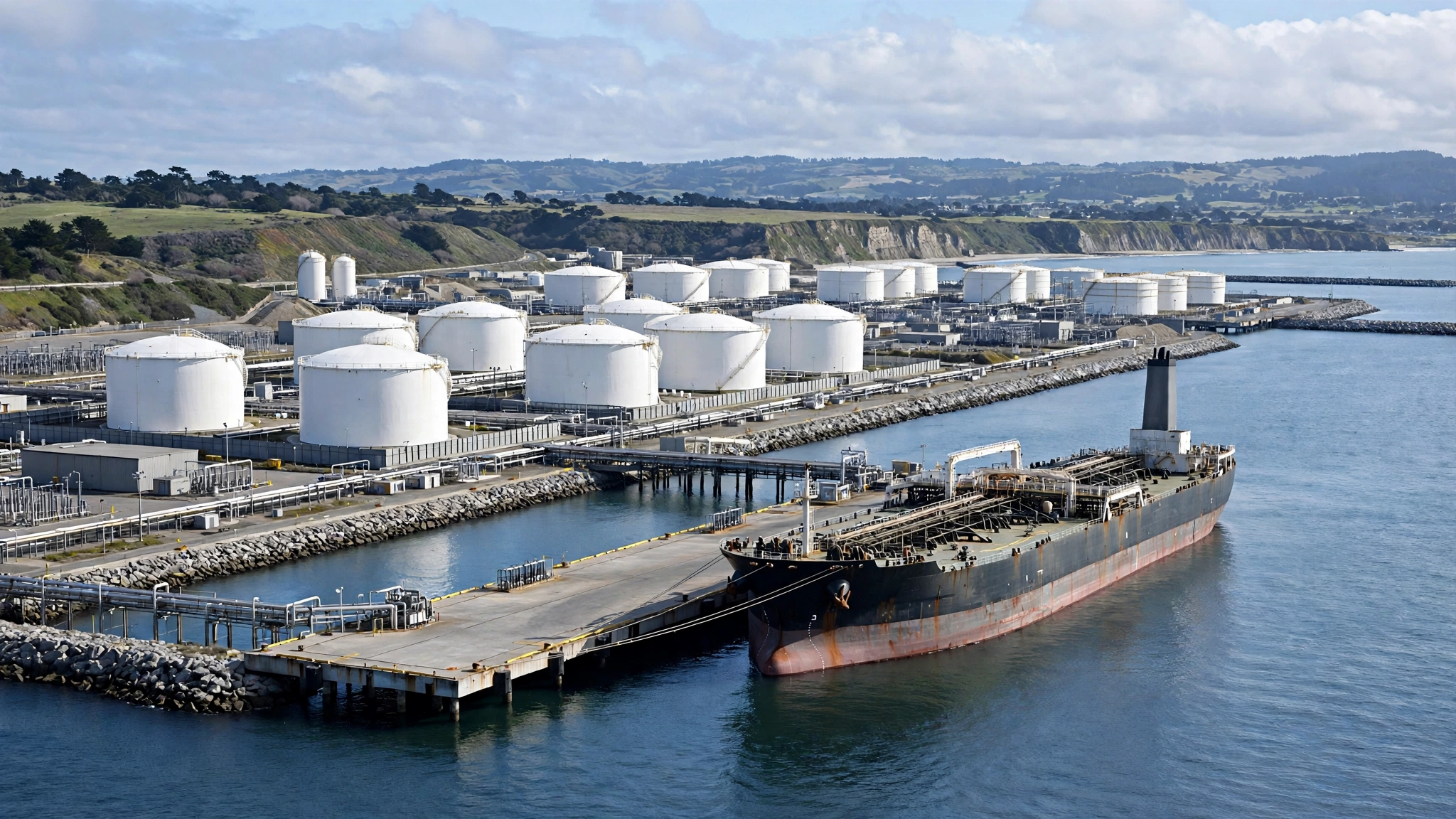 An oil tanker docked at a pier beside rows of large white oil storage tanks at a coastal terminal