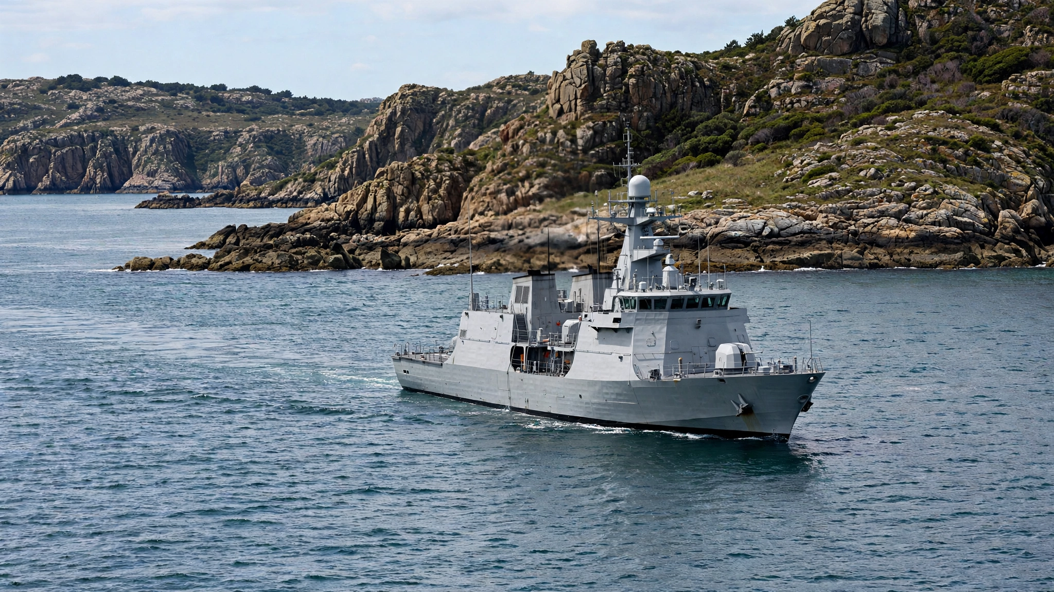A gray naval patrol vessel sailing on calm water near a rocky coastline