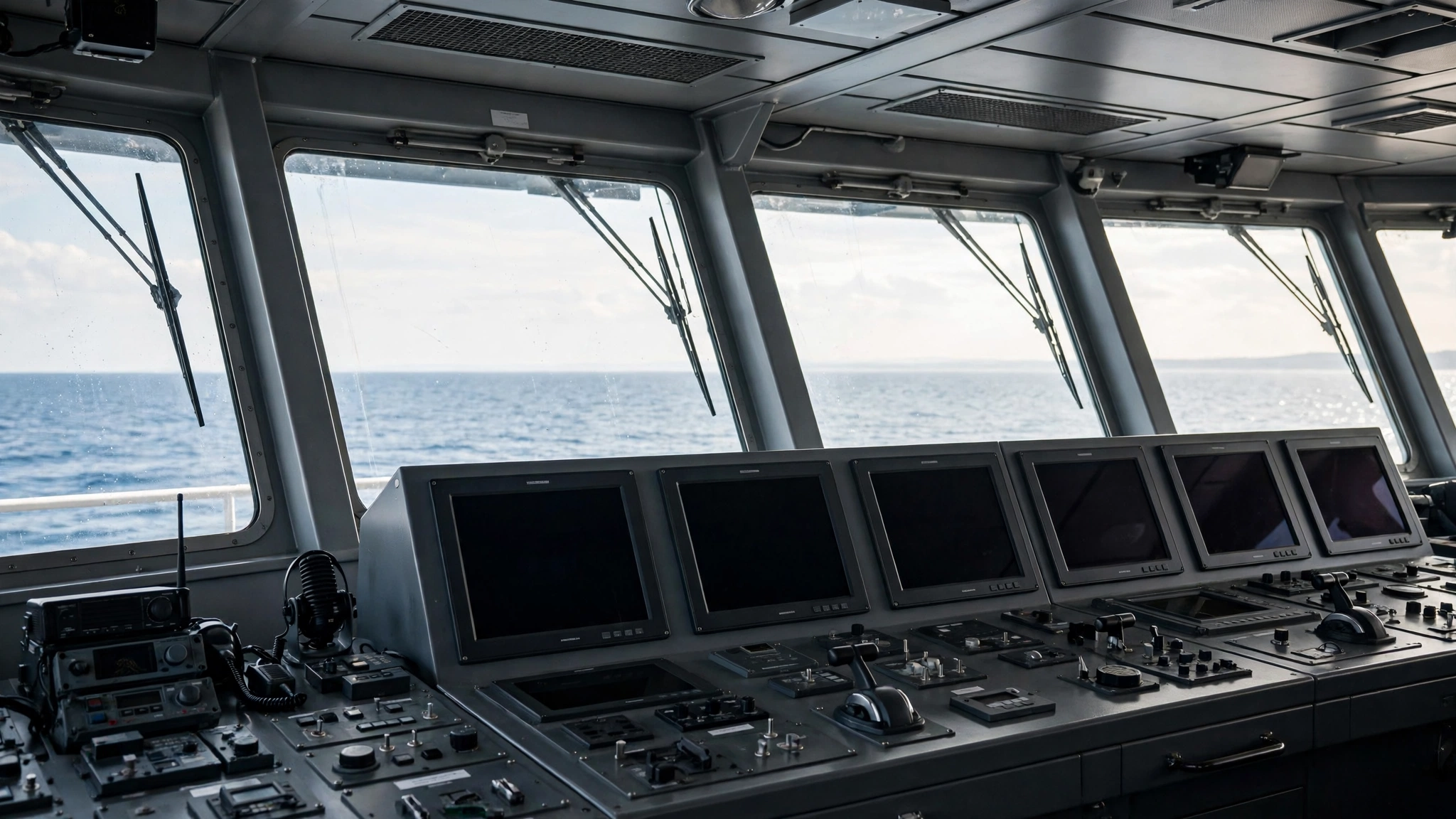 The navigation bridge of a commercial ship with radio equipment and dark monitors, facing the open sea through front windows.