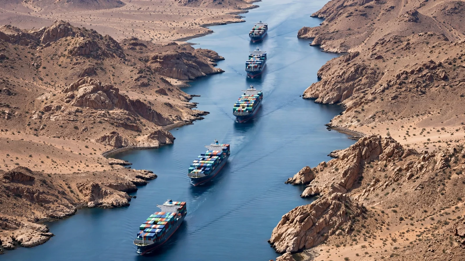 Container ships sailing through a narrow strait between arid rocky coastlines, seen from above.