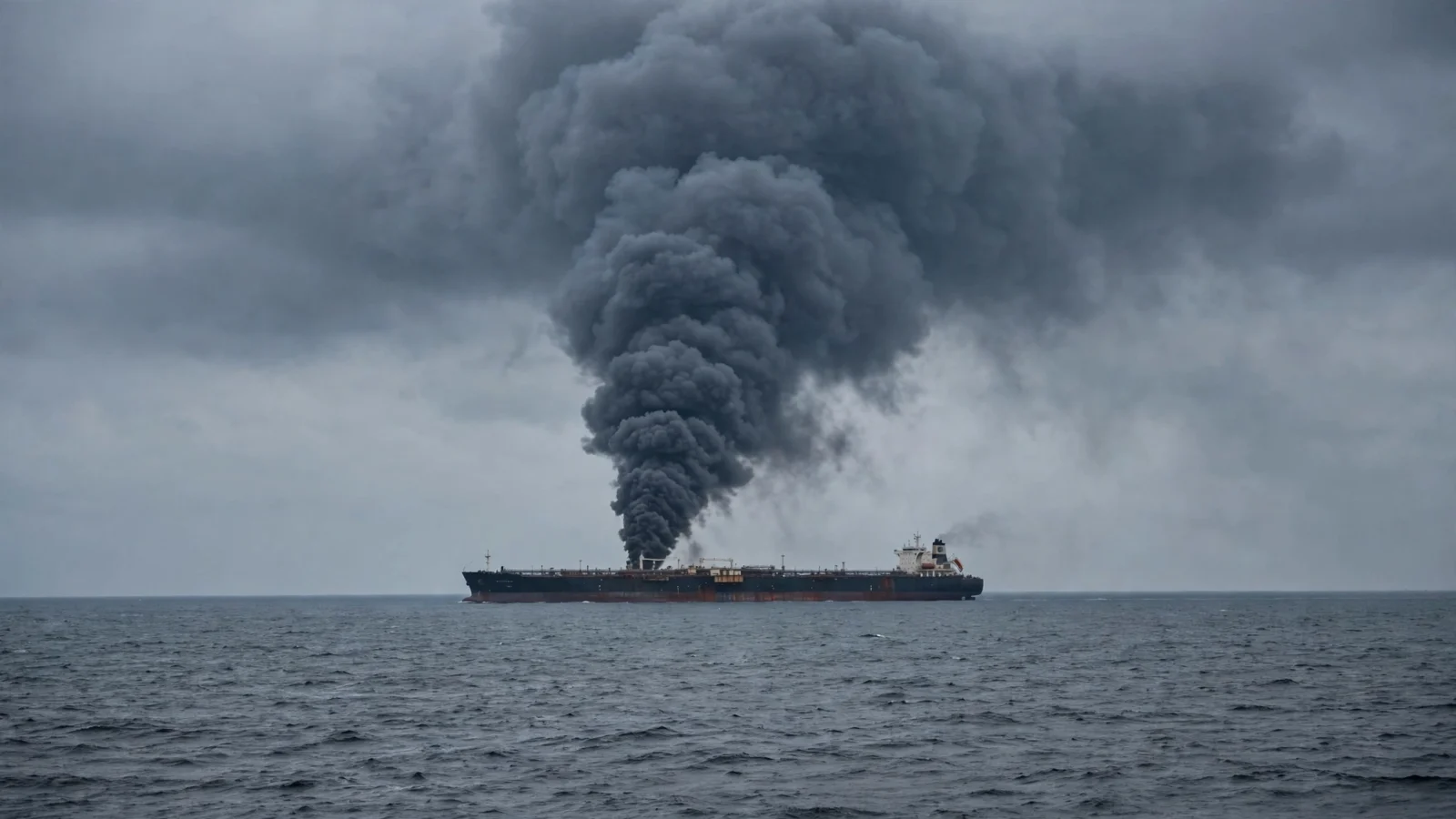 A large oil tanker at sea with a tall column of dark smoke rising from its deck under an overcast sky