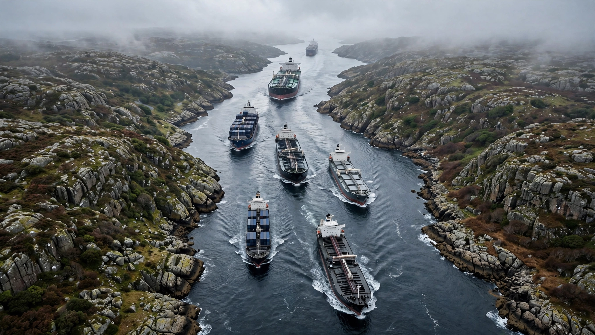 Aerial view of several large cargo ships and oil tankers sailing through a narrow strait between rocky coastlines