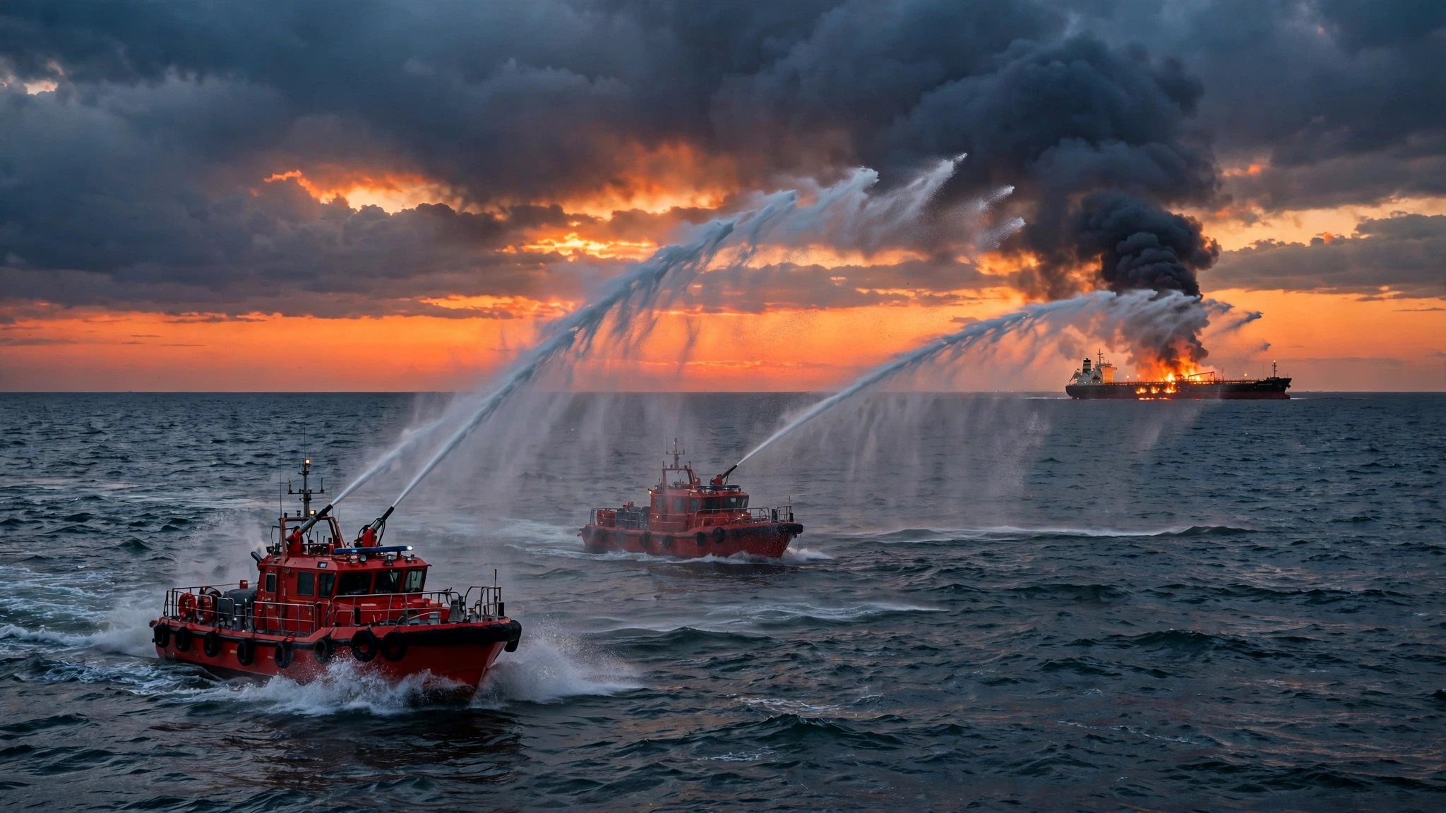 Fireboats spraying water at a burning oil tanker at sea during sunset