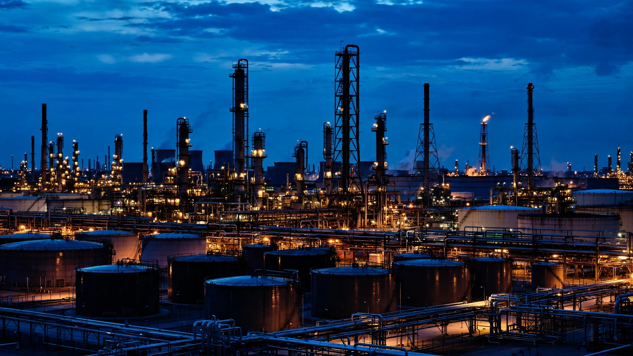 Oil refinery with storage tanks and towers lit at night against a dark blue sky