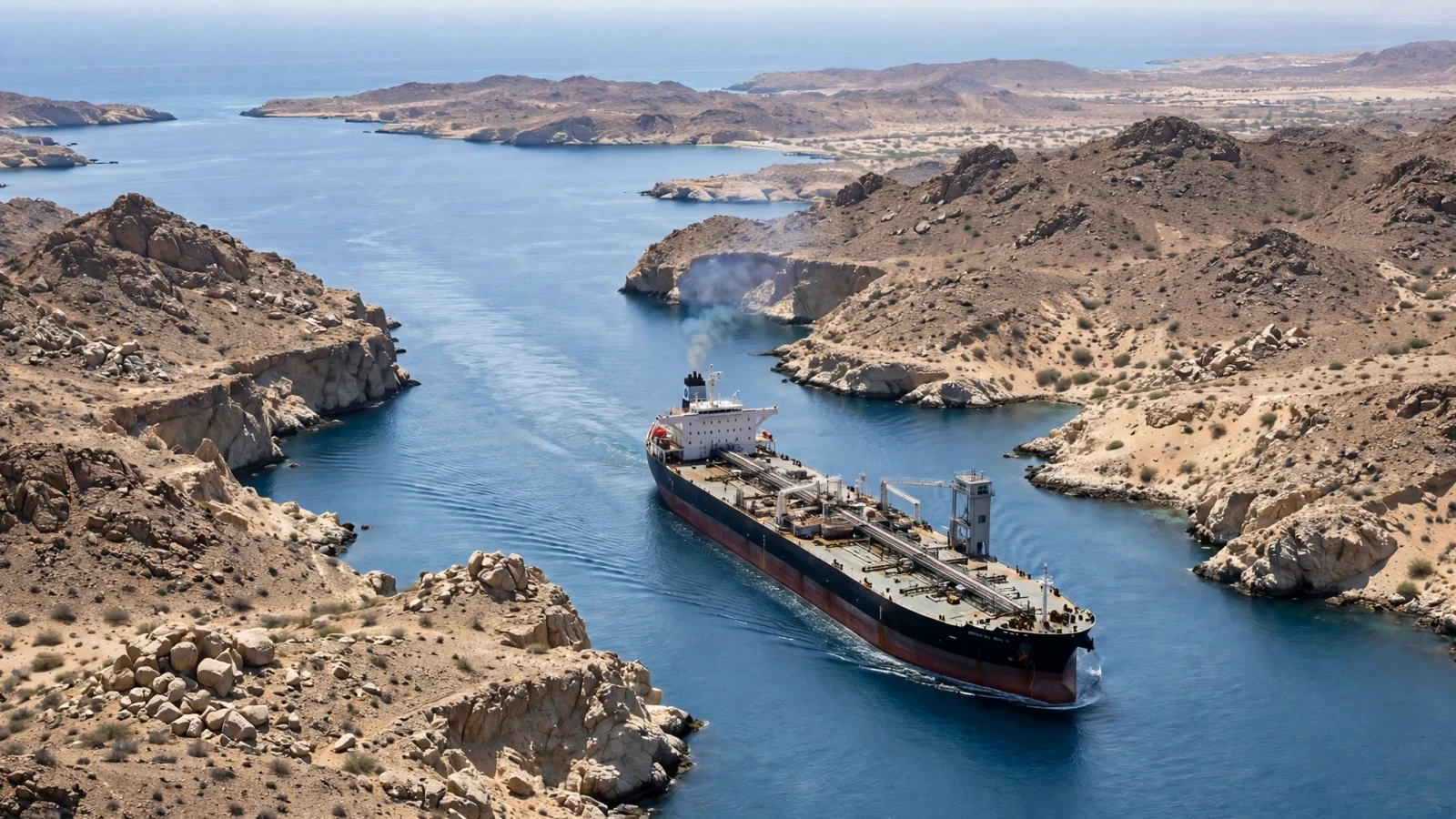 A large oil tanker sailing through a narrow waterway between dry, rocky coastlines under a clear sky