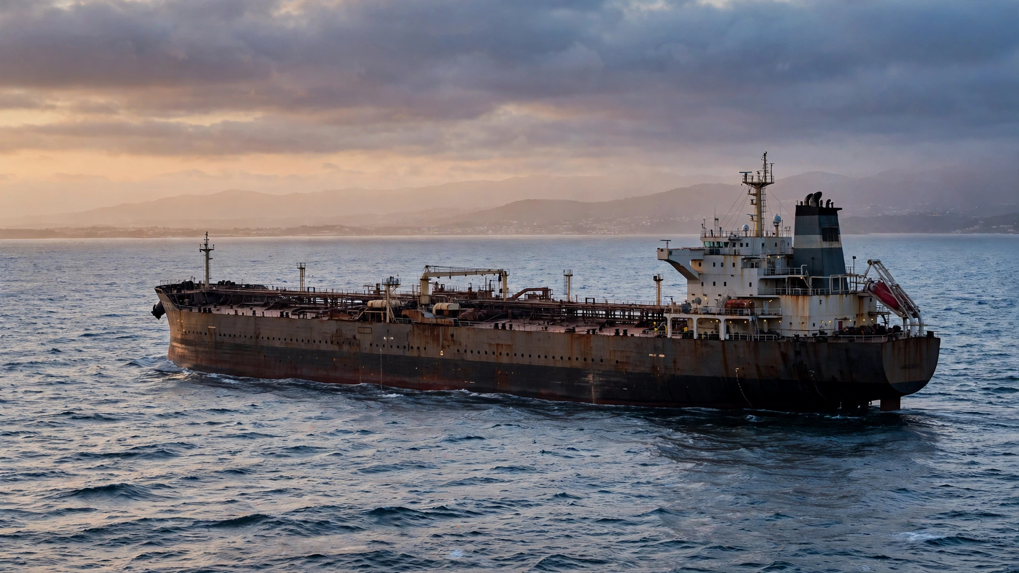A large oil tanker sailing on open water at dusk with a hazy coastline in the distance