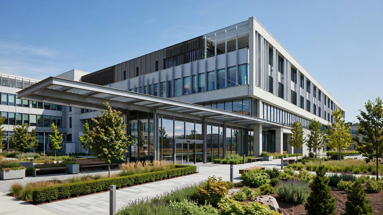 A modern hospital building with a glass entrance and landscaped walkways