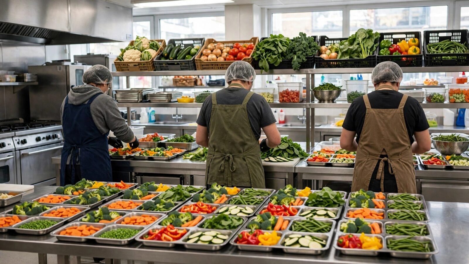 Kitchen workers in aprons preparing trays of fresh cut vegetables in a bright commercial kitchen