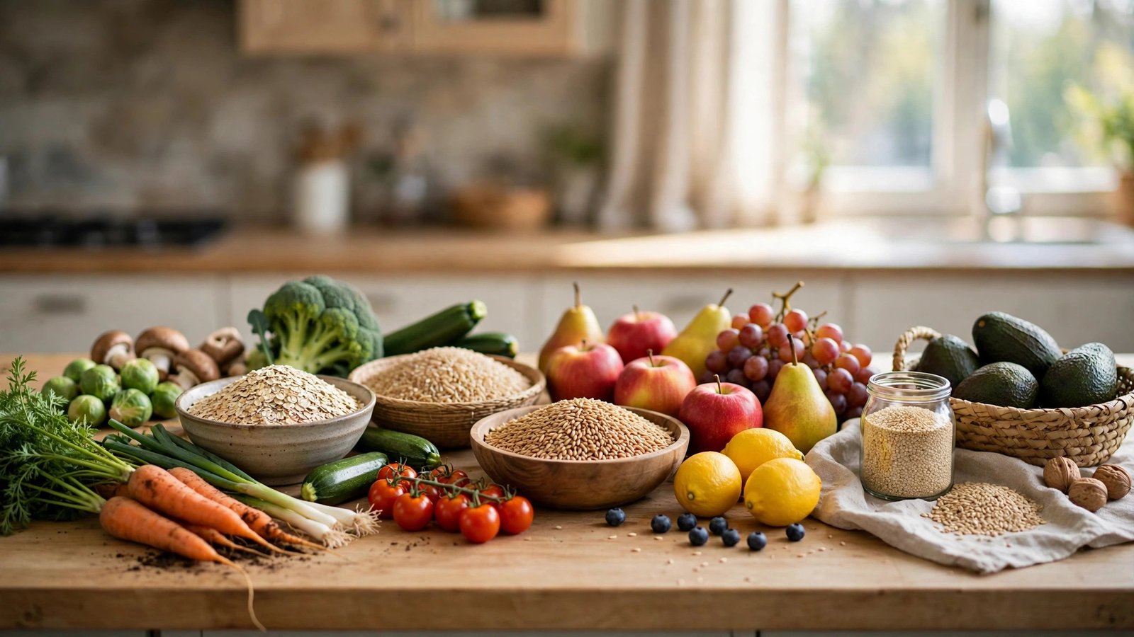 Fresh vegetables, fruits, whole grains, and avocados arranged on a wooden kitchen counter