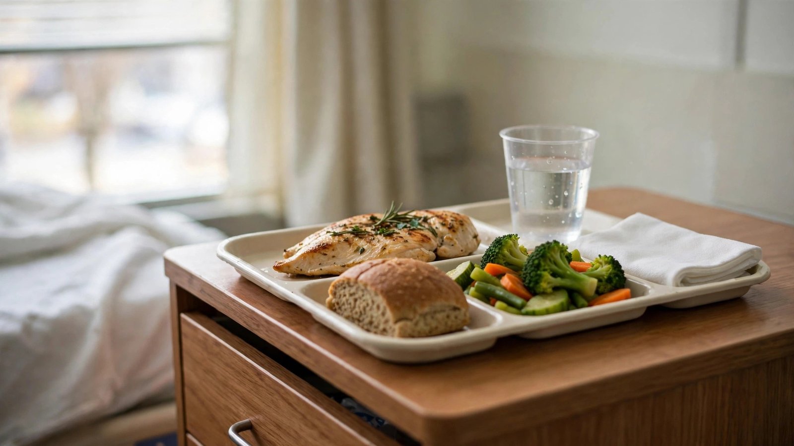 A patient meal tray with grilled chicken, steamed vegetables, a whole grain roll, and a glass of water beside a hospital bed
