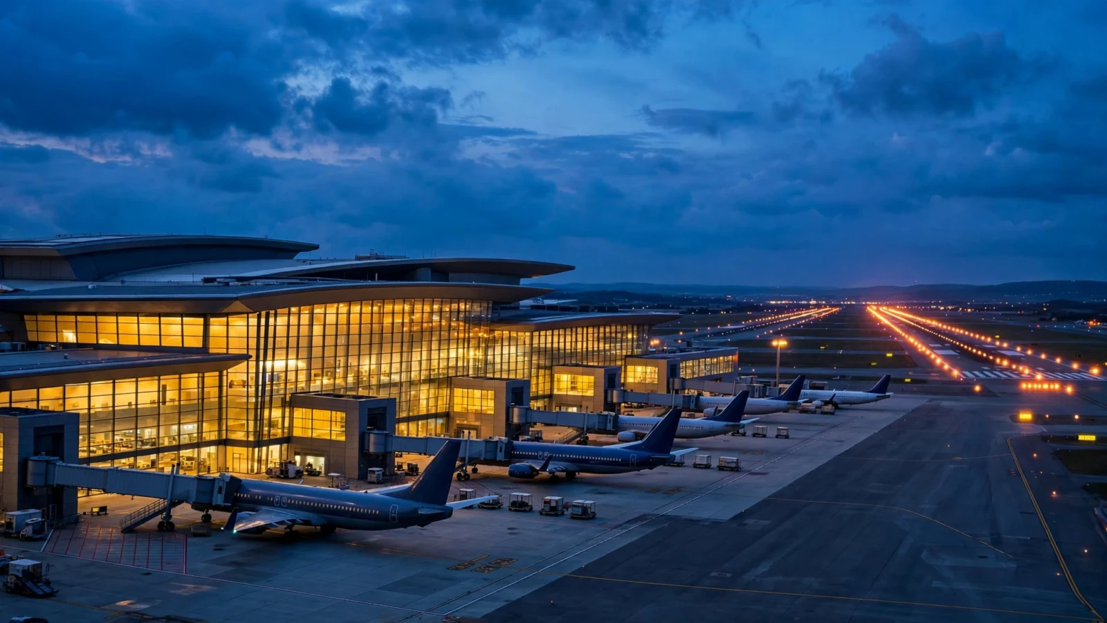 Airport terminal exterior with glowing glass facade and parked planes at dusk