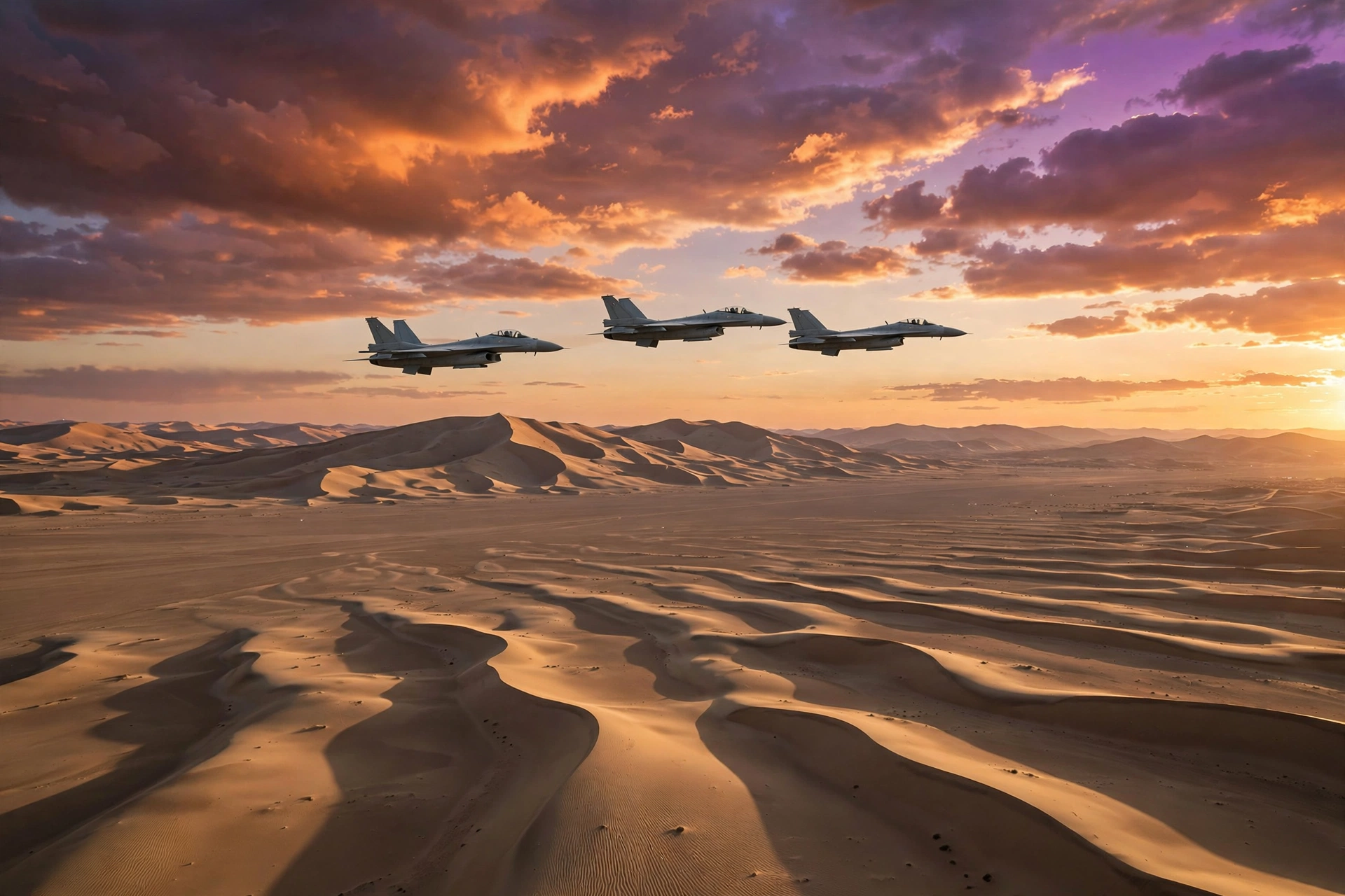 Three military fighter jets flying in formation over desert dunes at sunset