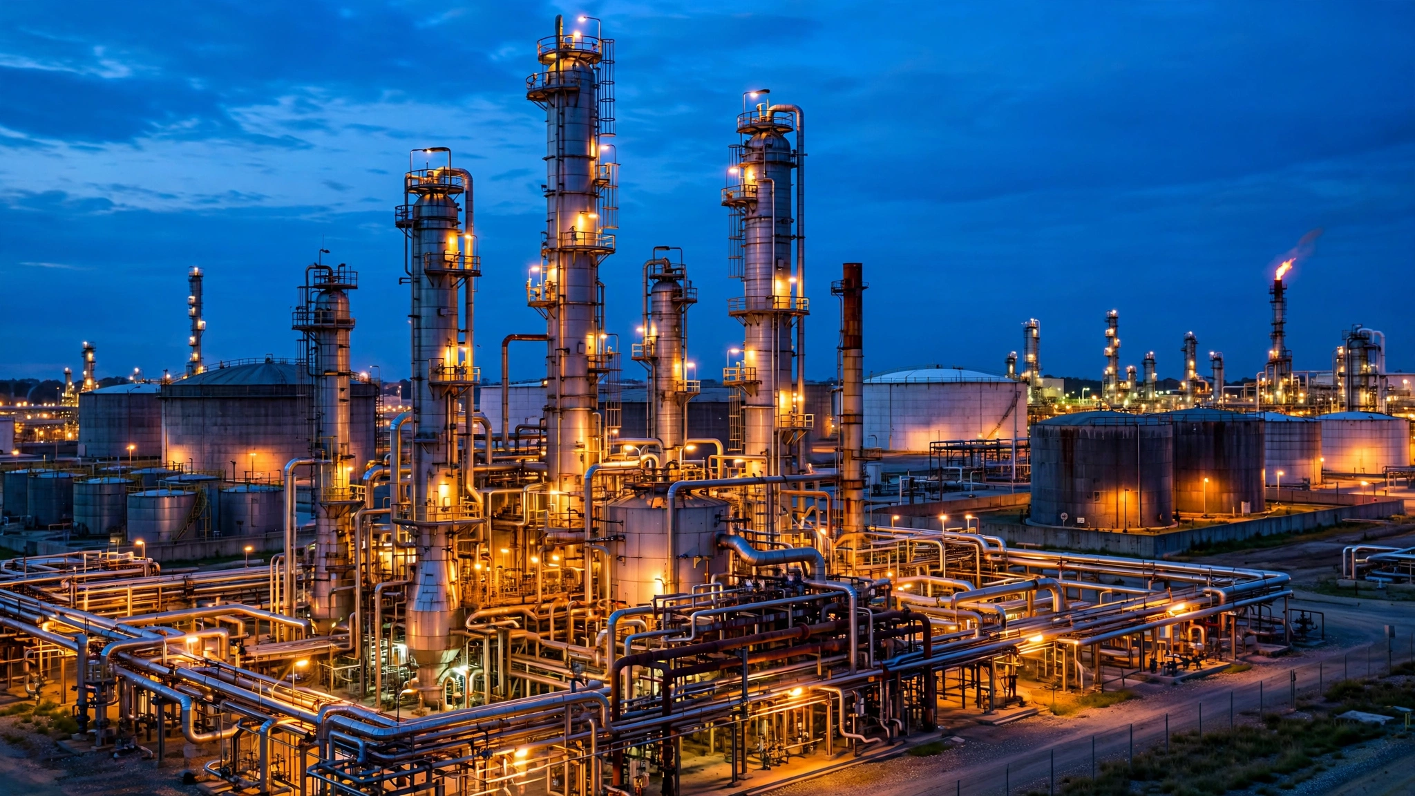 Oil refinery with distillation towers and pipes lit at dusk