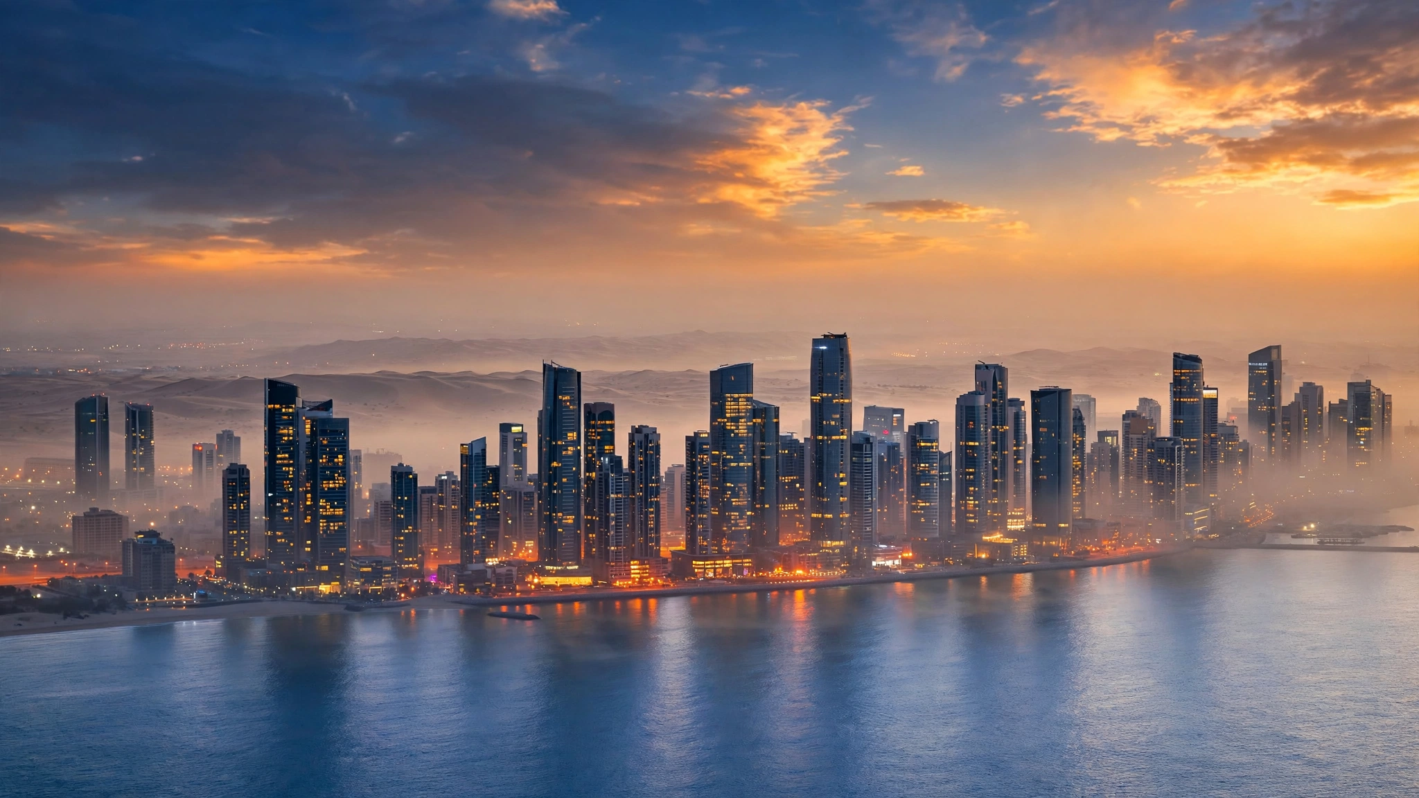 Modern Middle Eastern city skyline at dusk with skyscrapers and desert haze