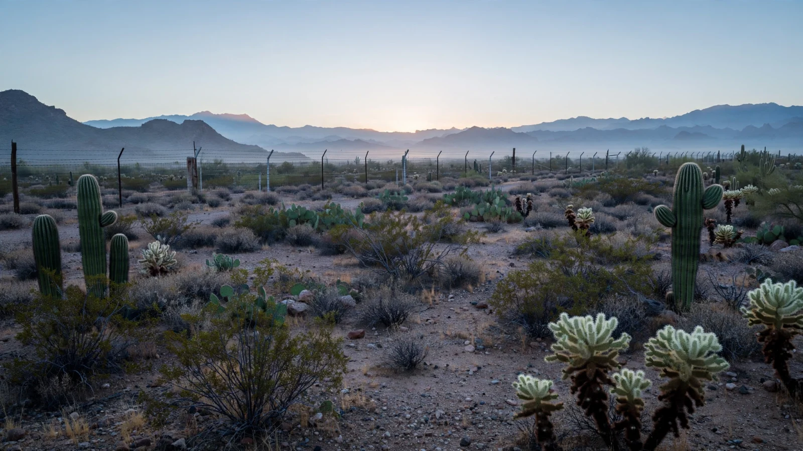 Desert landscape near the U.S.-Mexico border at dawn with a fence line in the distance