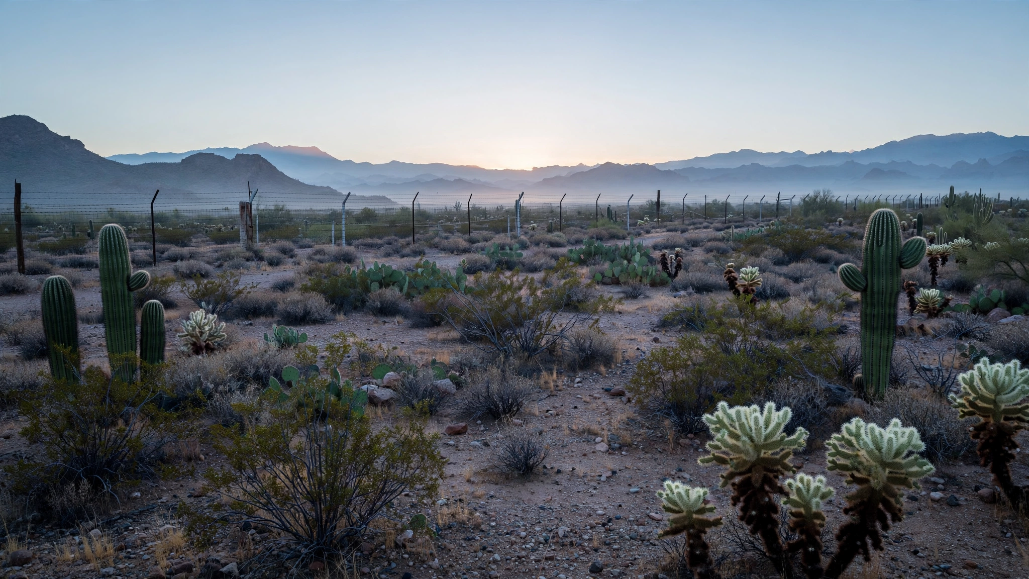 Desert landscape near the U.S.-Mexico border at dawn with a fence line in the distance