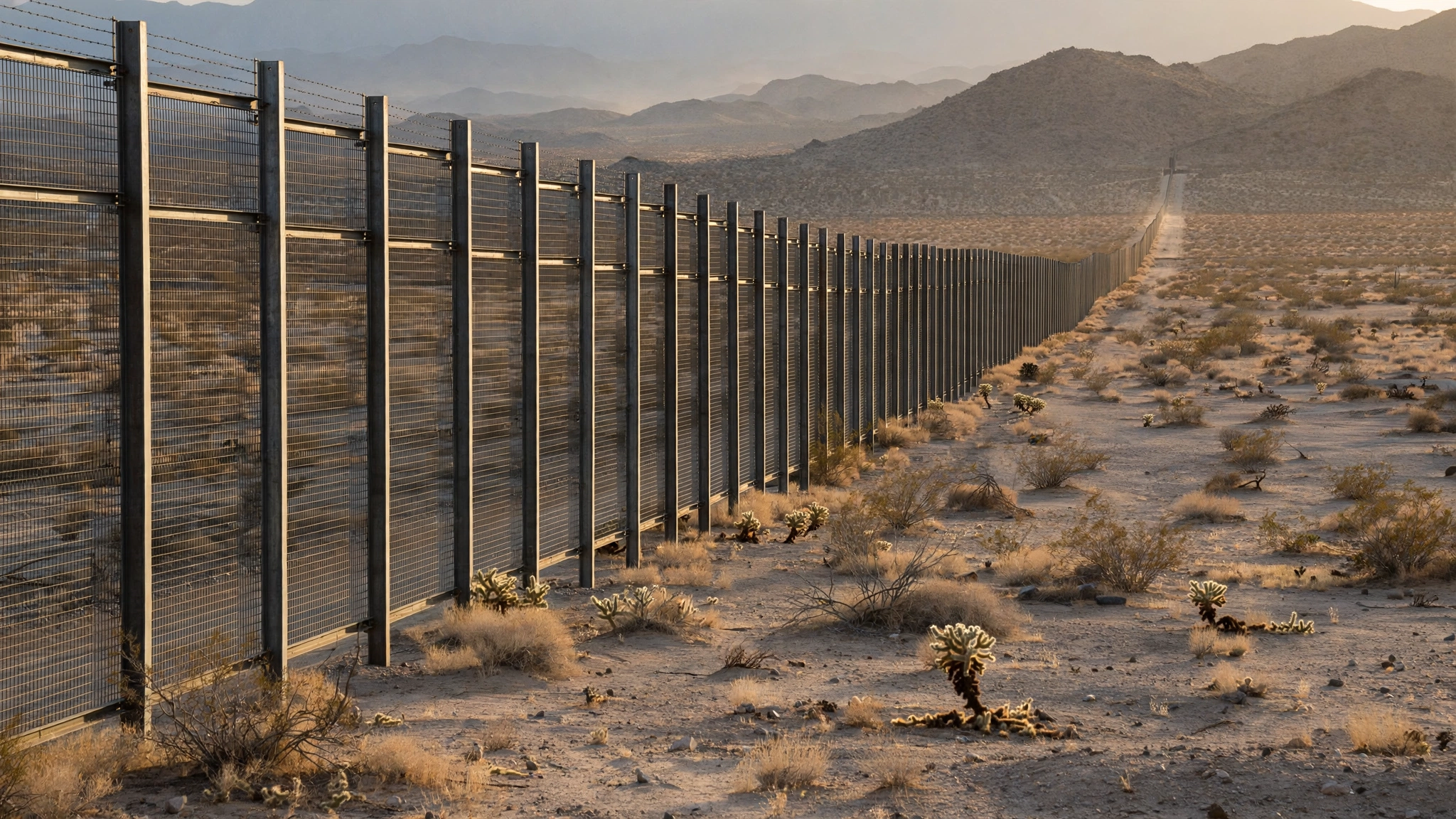 A tall steel border fence stretching across a desert plain toward distant hills