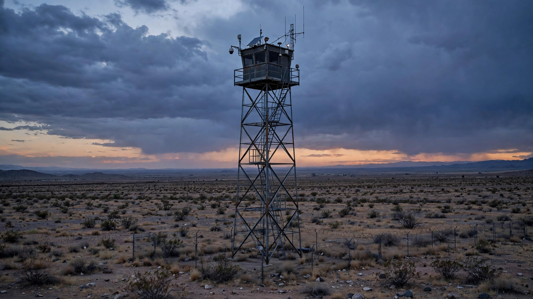 A border surveillance watchtower in a desert region at dusk