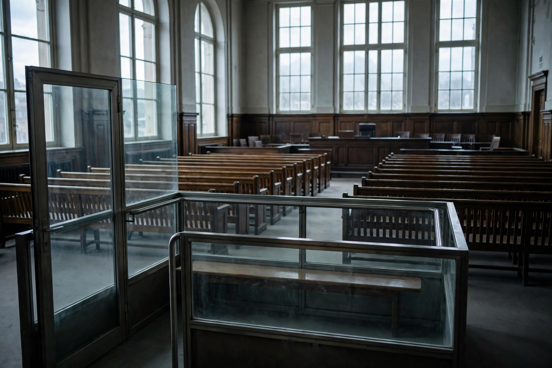 An empty courtroom with wooden benches and an empty glass-enclosed defendant's dock in the foreground.