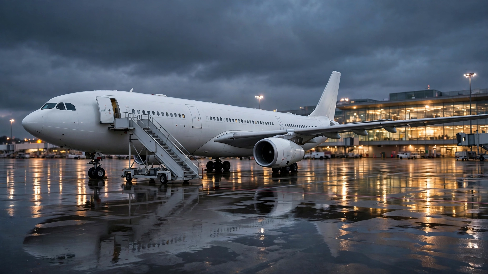 A white commercial passenger airplane parked at an airport gate at dusk, with mobile boarding stairs and a lit terminal building behind it.