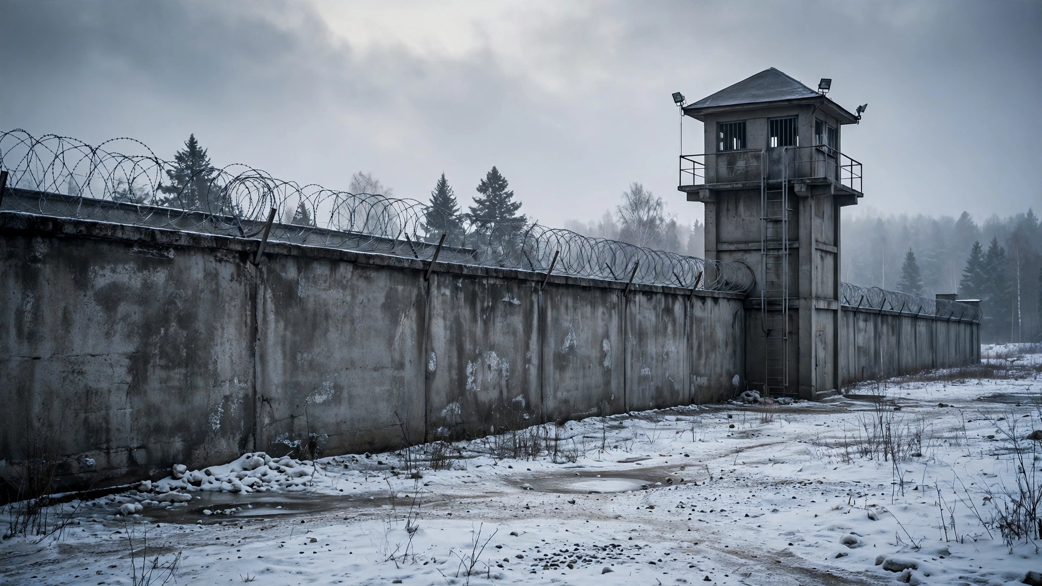 A tall concrete prison wall topped with coiled barbed wire and a guard watchtower in a snowy winter landscape.
