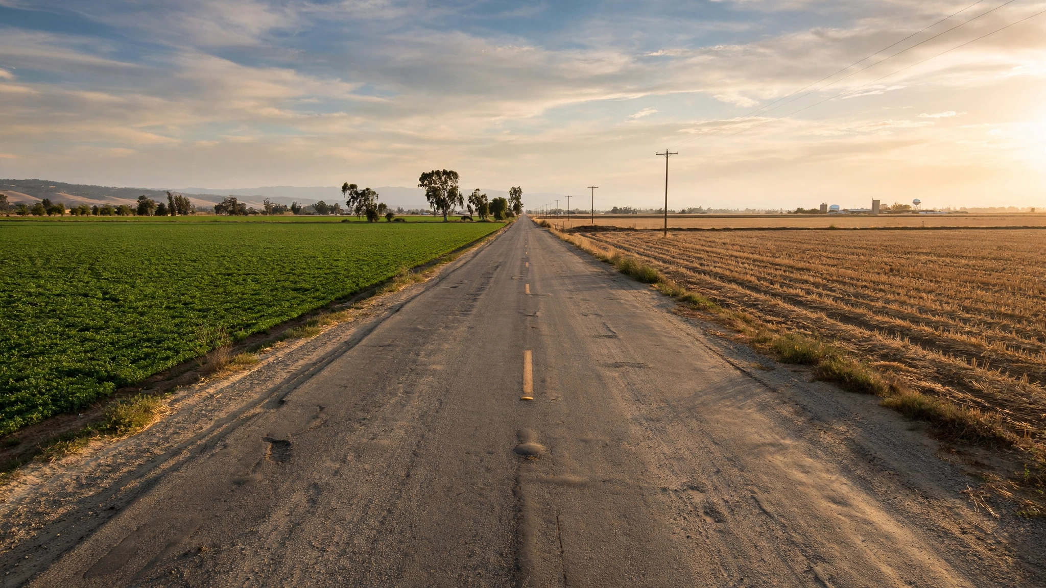 A straight road running through flat farmland fields under a wide sky