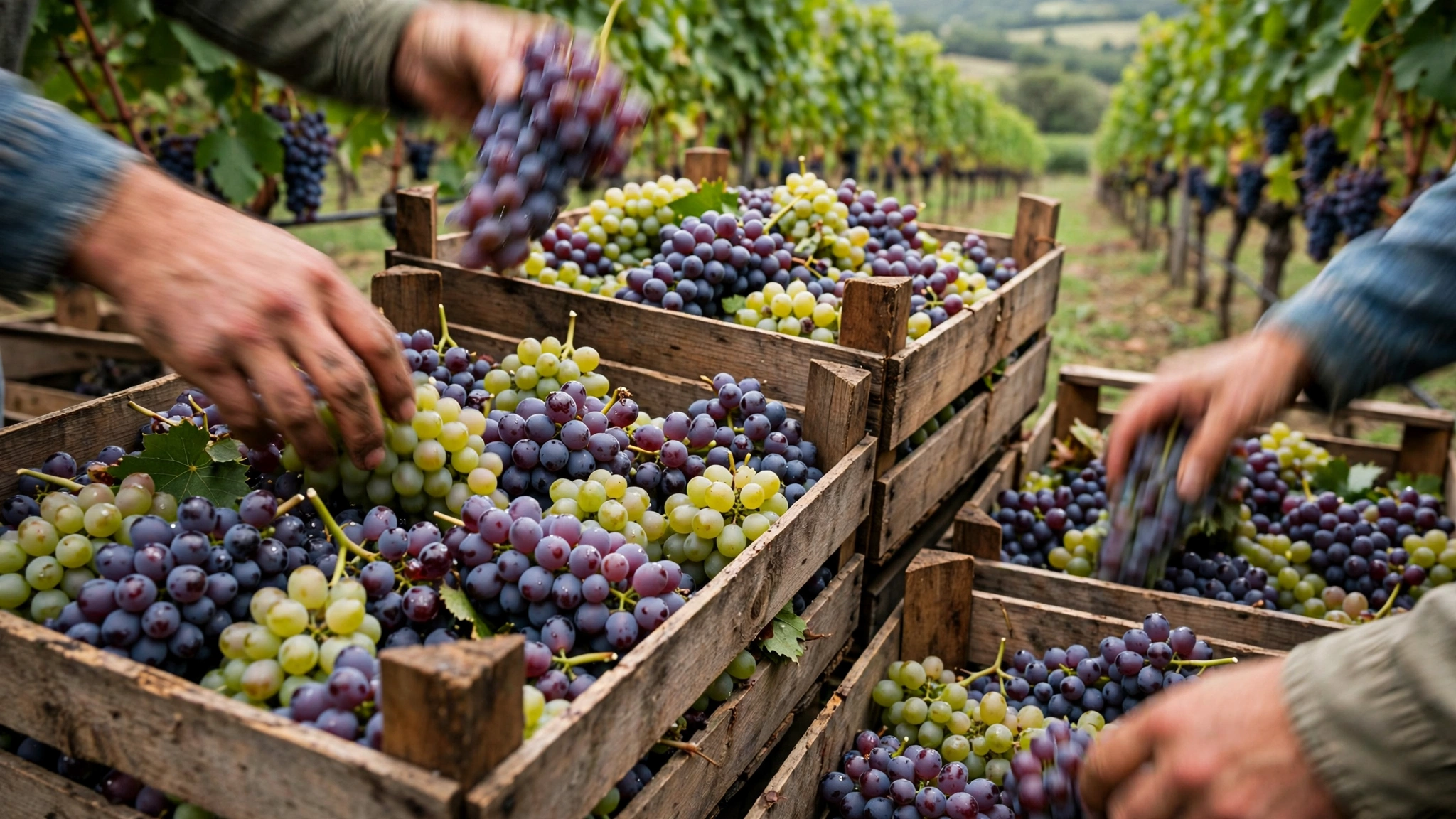 Wooden crates filled with freshly picked green grapes in a vineyard field