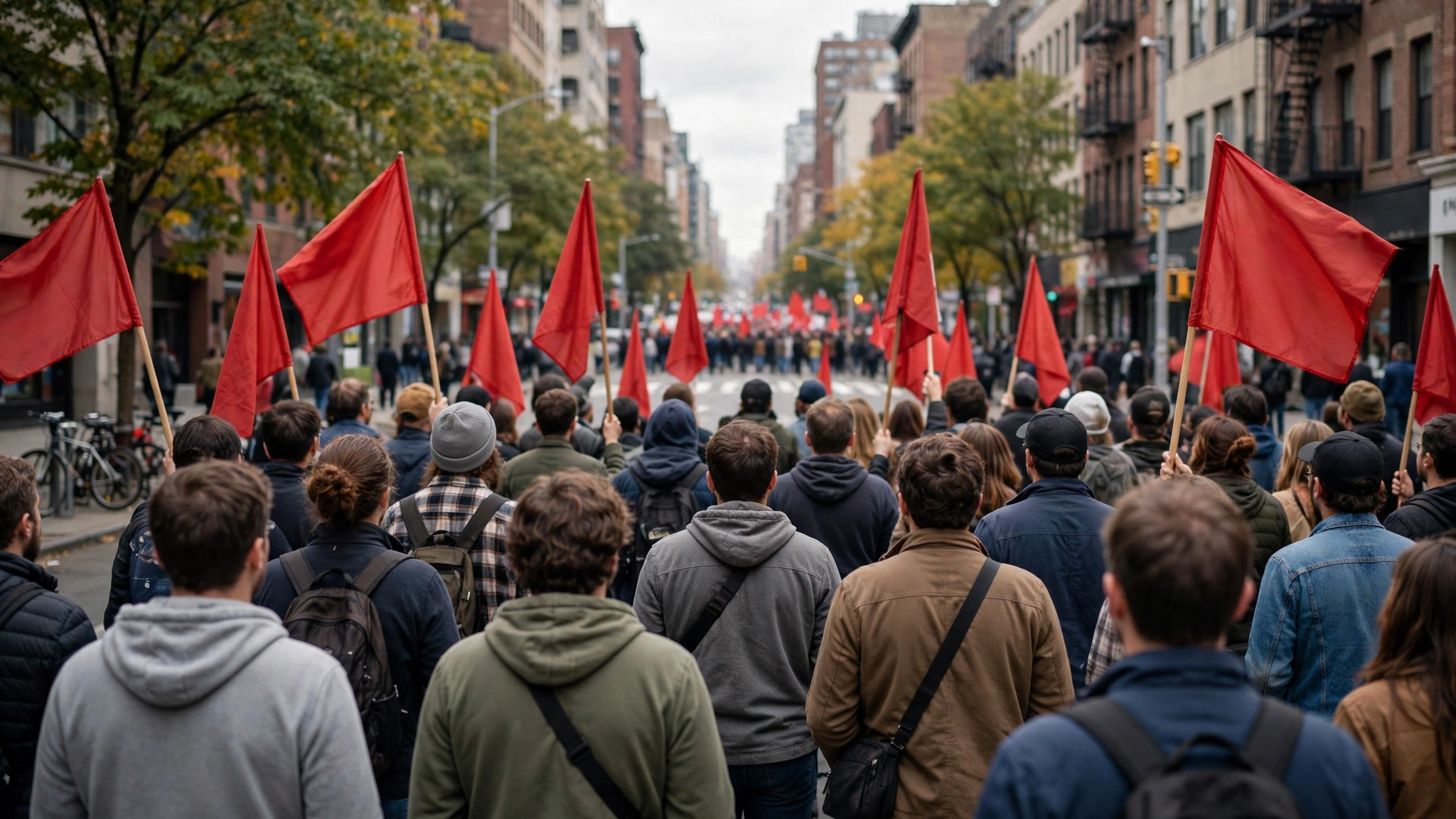 A crowd seen from behind holding plain red flags on a city street