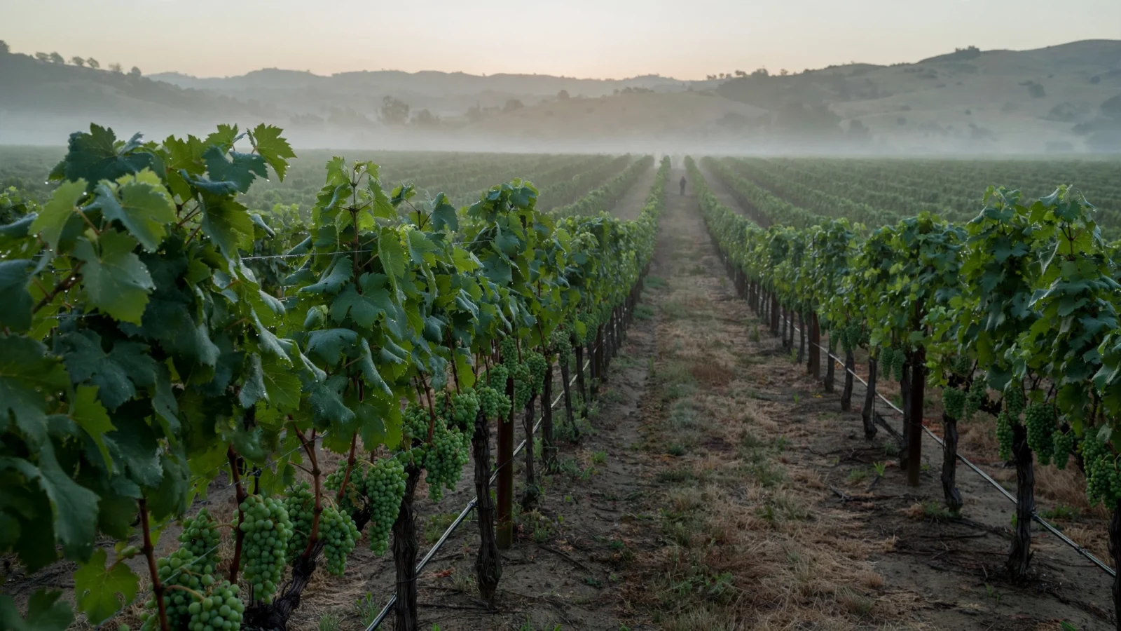 Rows of grapevines in a vineyard at dawn with a distant worker walking between the rows