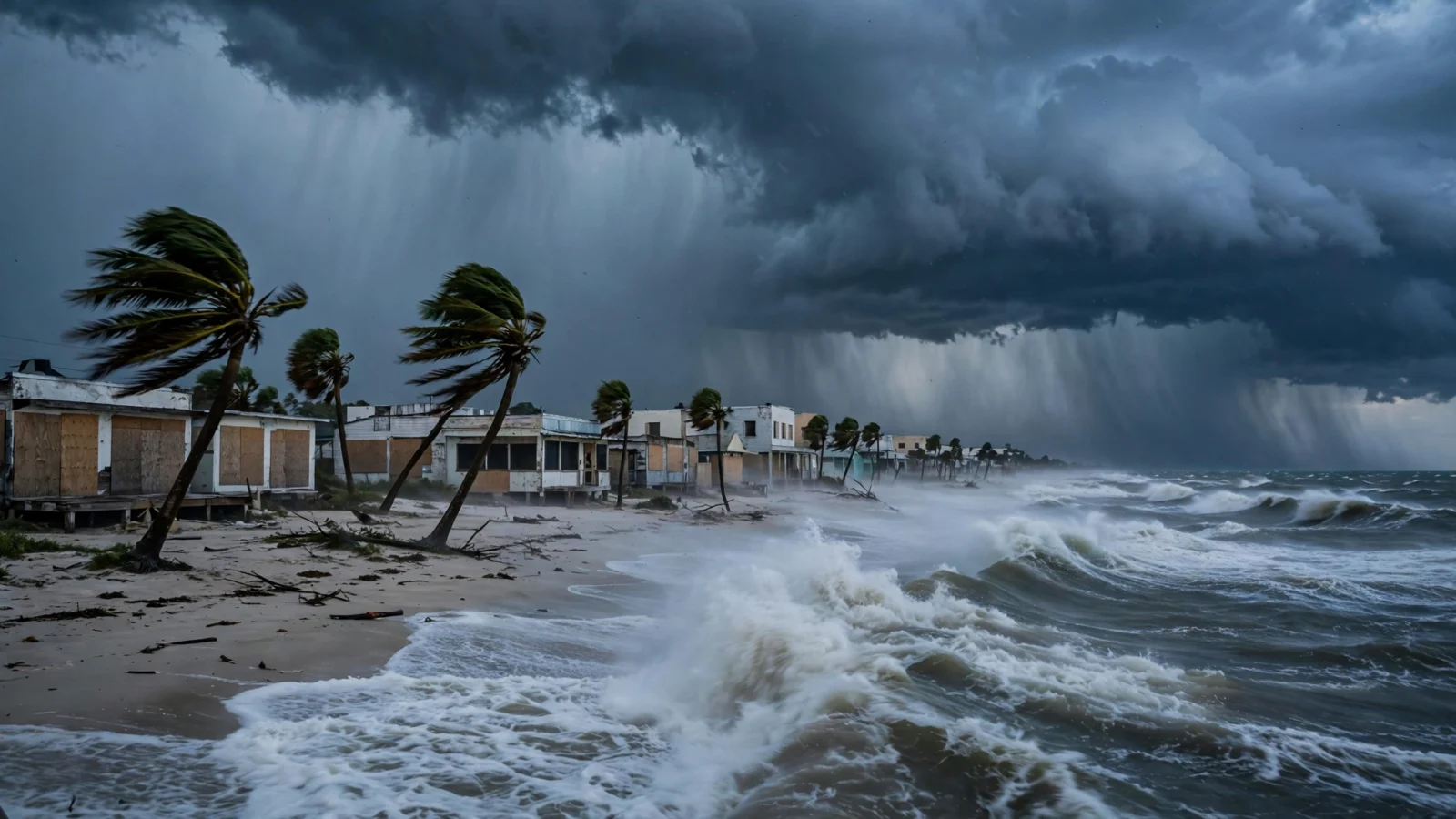 Dark storm clouds and heavy surf approaching a Gulf Coast beach with palm trees bending in strong wind and boarded beachfront buildings