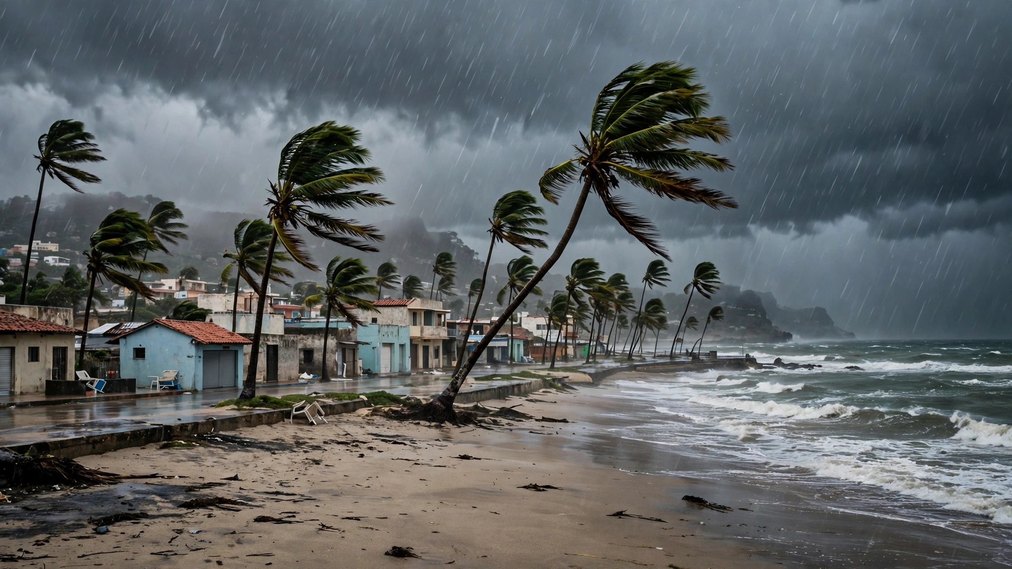 Palm trees bending in strong wind and driving rain above a beach in a coastal town under dark clouds