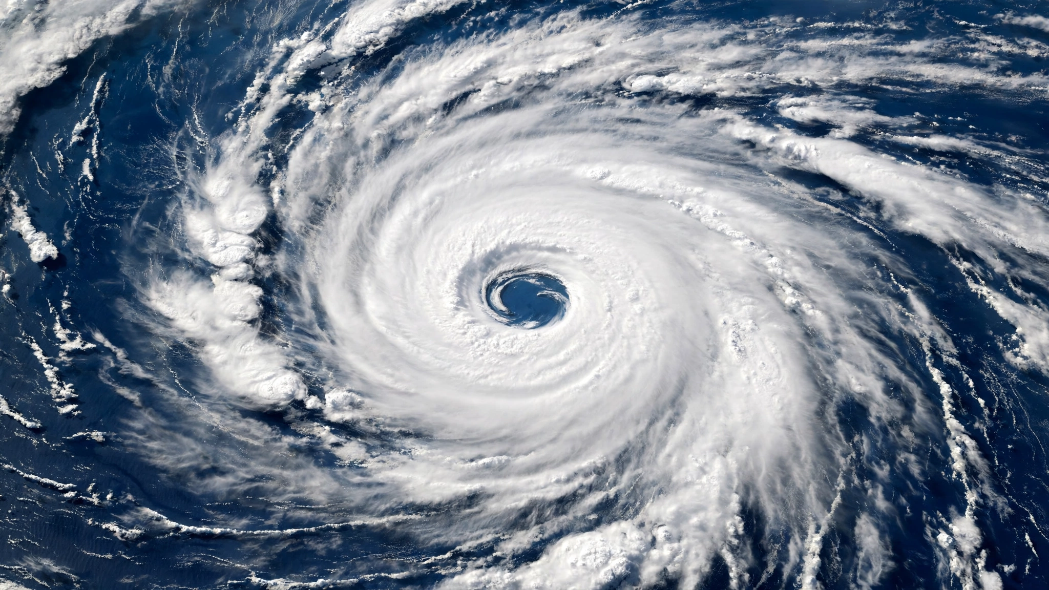 A large spiral hurricane cloud system with a clear eye over dark blue ocean water seen from above